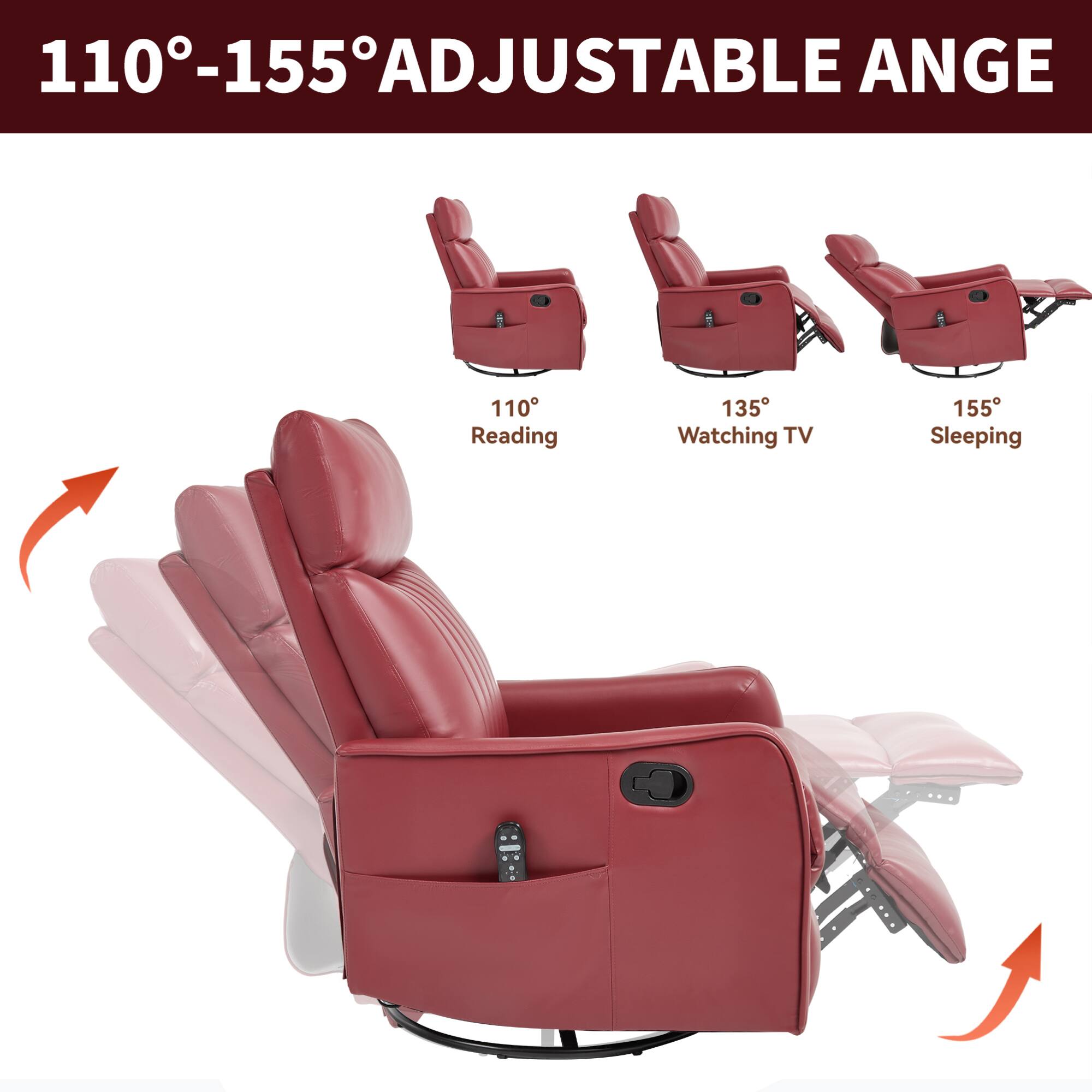 110°-155° ADJUSTABLE ANGLE

110° Reading  
135° Watching TV  
155° Sleeping