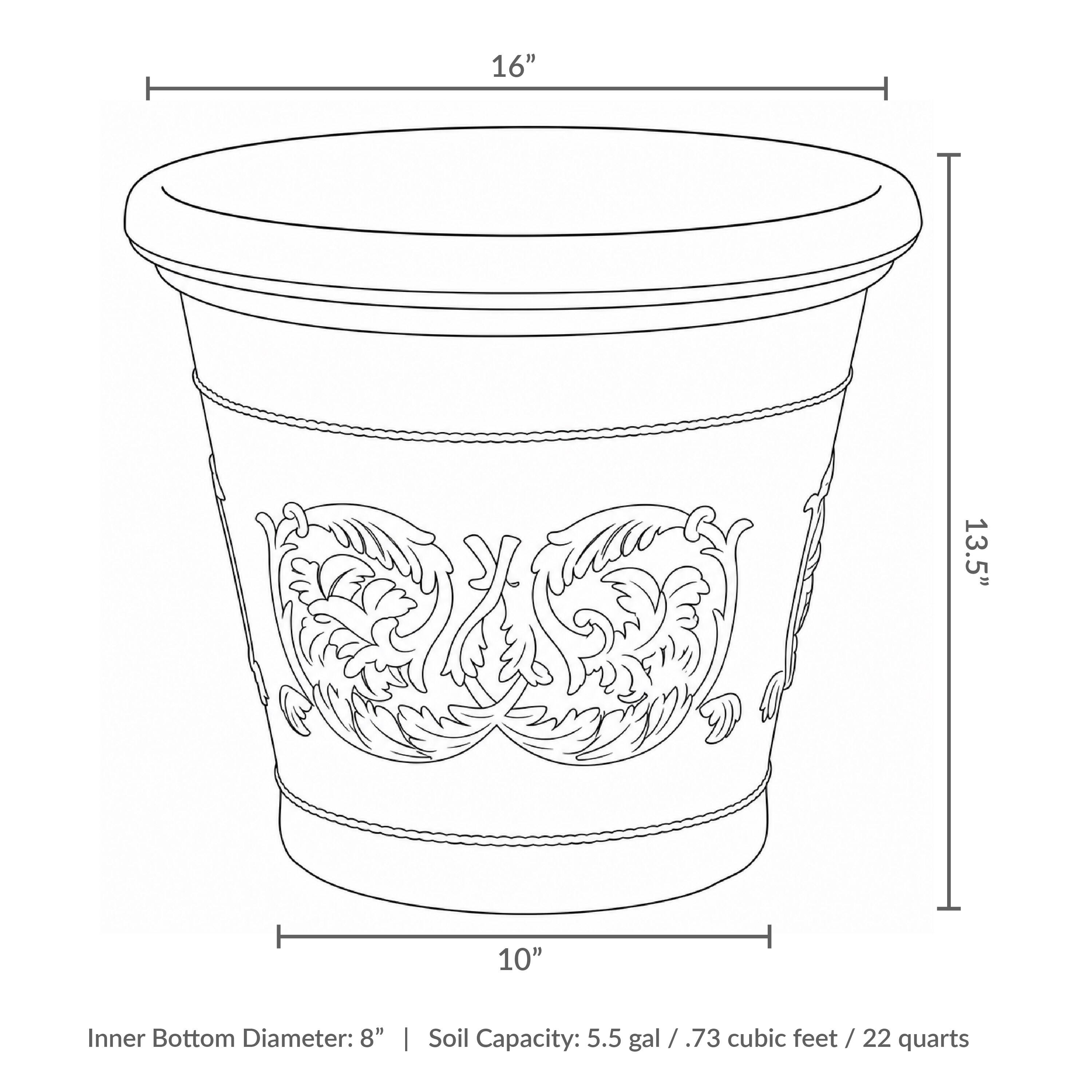 16" 13.5" 10" Inner Bottom Diameter: 8" Soil Capacity: 5.5 gal / .73 cubic feet / 22 quarts