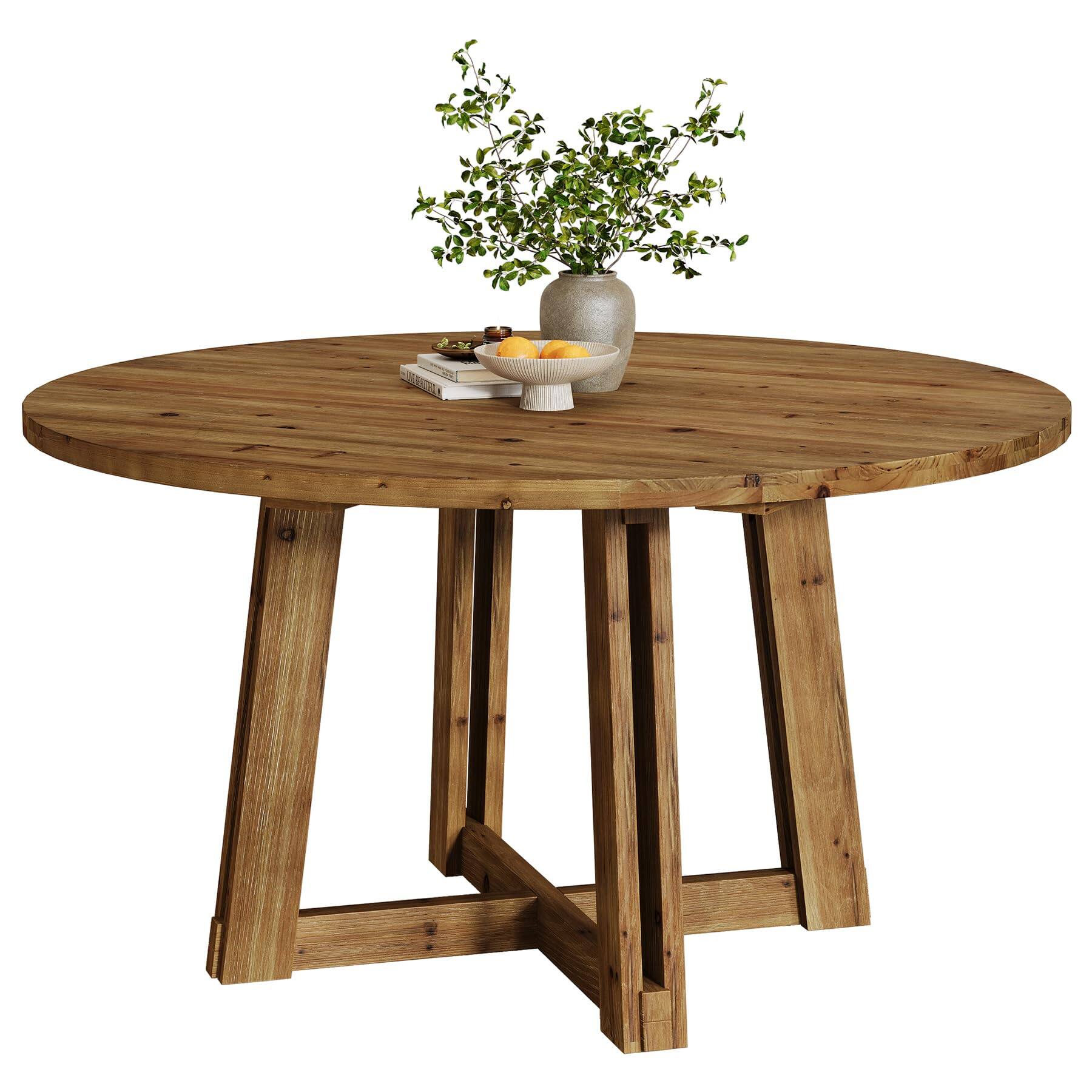 Alt View 4. Tribesigns - 47.3" Solid Wood Dining Table for 4-6, Round Wood Kitchen Table - Brown.