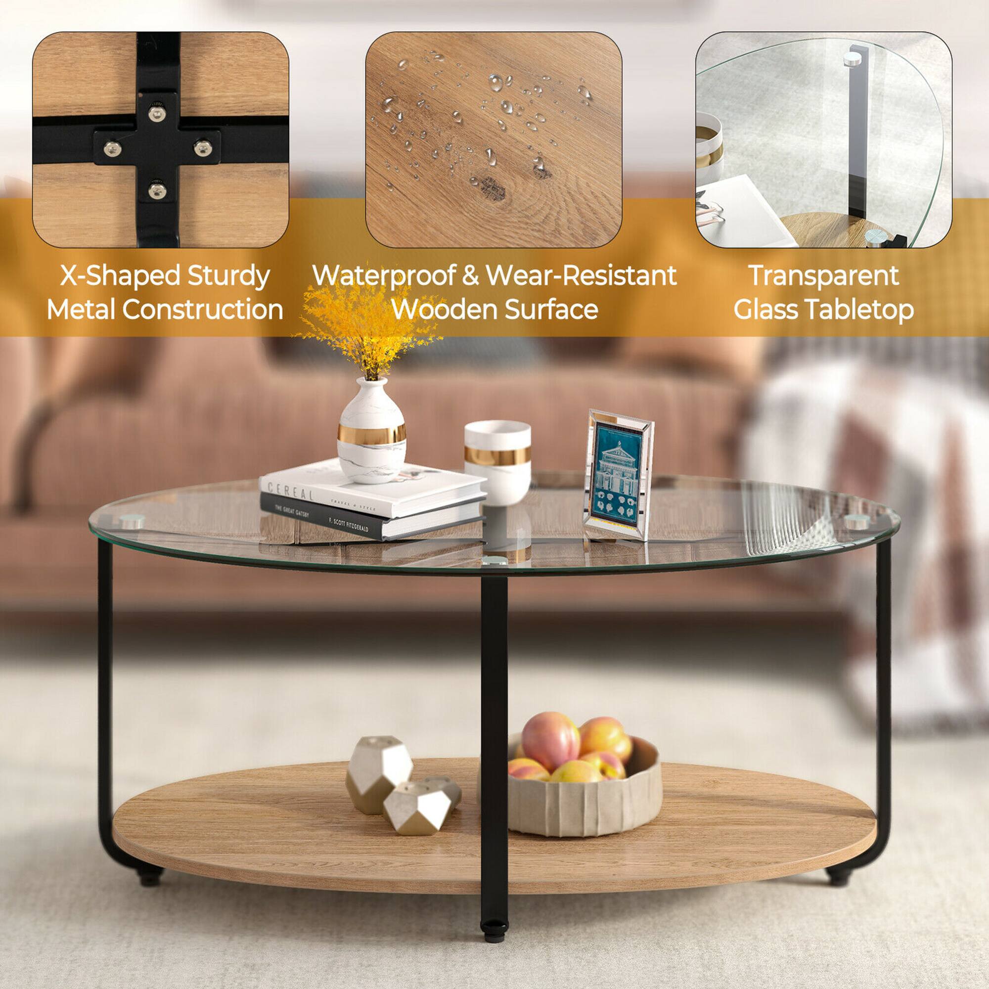 X-Shaped Sturdy Metal Construction  
Waterproof & Wear-Resistant Wooden Surface  
Transparent Glass Tabletop