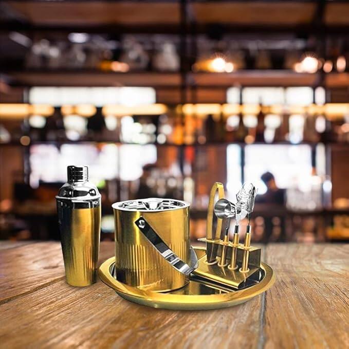 Angle. Amber Sporting Goods - Connaught Place Collection 7-Piece Premium Bartender Kit – Gold/Silver Bar Set for Home & Pro Use - Gold/Silver.