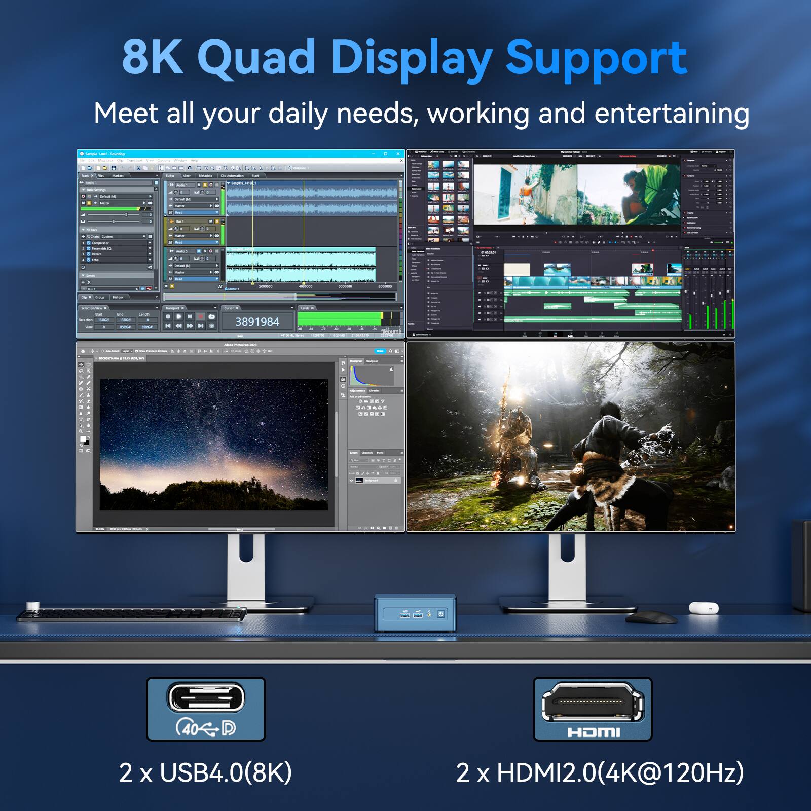 8K Quad Display Support  
Meet all your daily needs, working and entertaining  

2 x USB4.0(8K)  
2 x HDMI2.0(4K@120Hz)