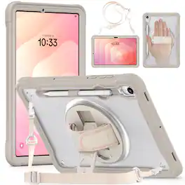 Dteck - Rugged Case for Samsung Galaxy Tab S11 2025 Shockproof Handstrap Foldable Kickstand Cover+Crossbody Strap - Khaki