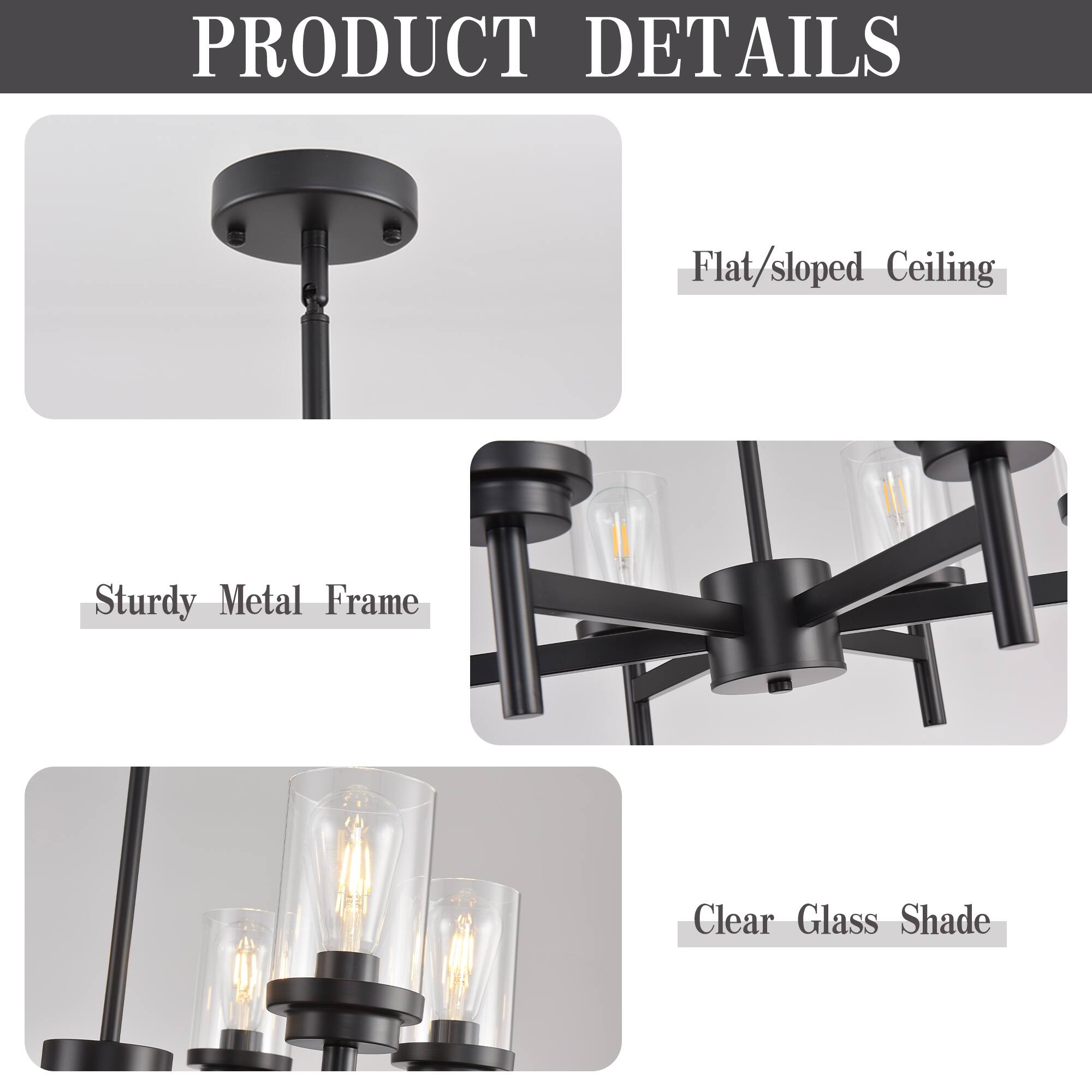 PRODUCT DETAILS

- Flat/sloped Ceiling
- Sturdy Metal Frame
- Clear Glass Shade