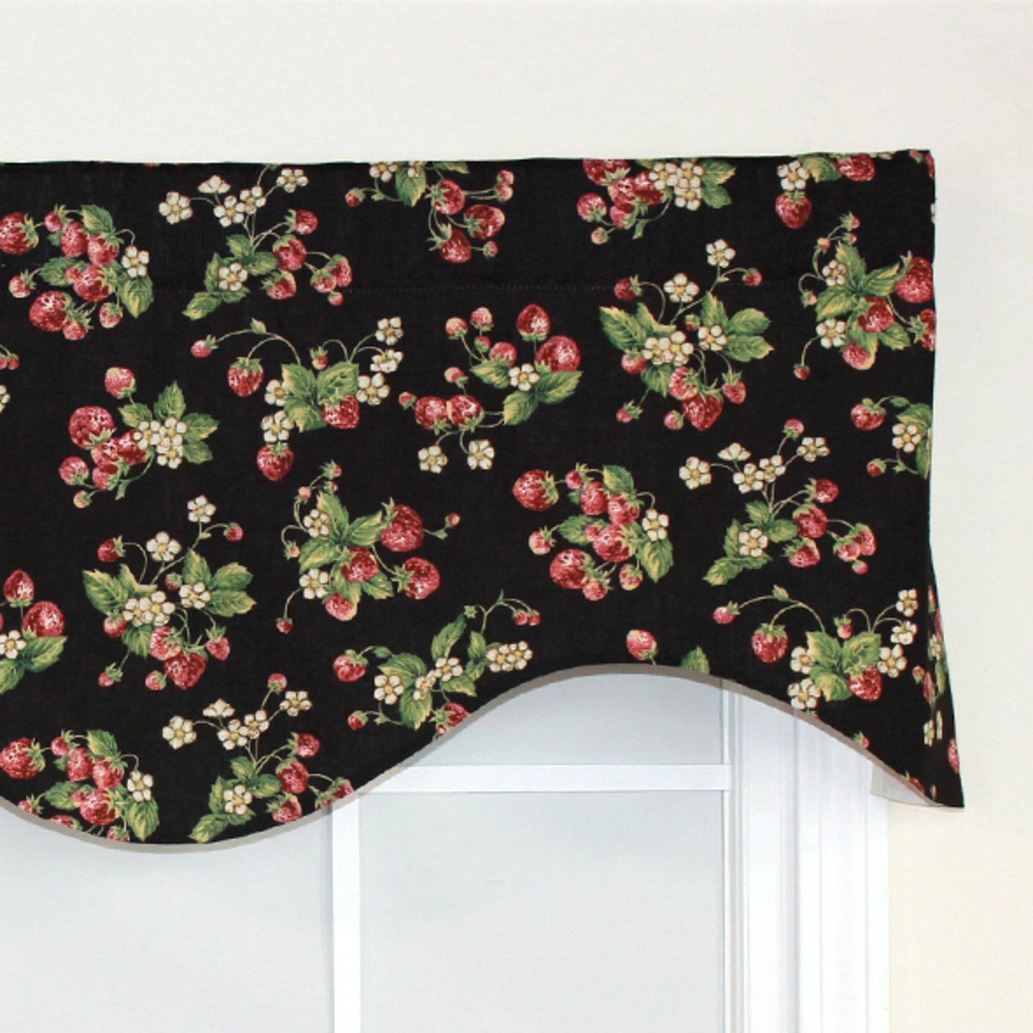 Left. RLF Home - RLF Home Strawberry Cornice 100% Cotton with Fully Lined 3" Rod Pocket Valnance for Windows 50" x 17" Black - Black.