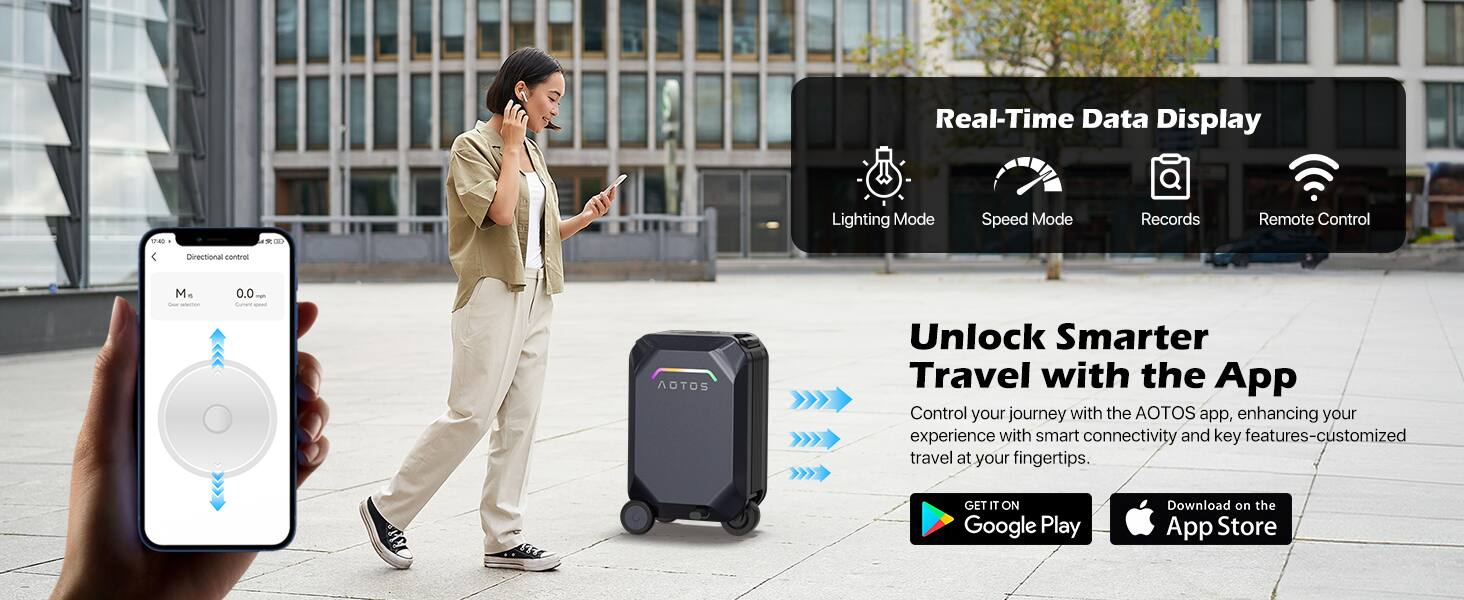 Real-Time Data Display  
- Lighting Mode  
- Speed Mode  
- Records  
- Remote Control  

Unlock Smarter Travel with the App  
Control your journey with the AOTOS app, enhancing your experience with smart connectivity and key features—customized travel at your fingertips.  

GET IT ON Google Play  
Download on the App Store