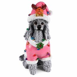 RYHNUYNE - Holiday Poodle Figurine in Pink Santa Outfit with Holly Accents for Festive Indoor Display - Gray