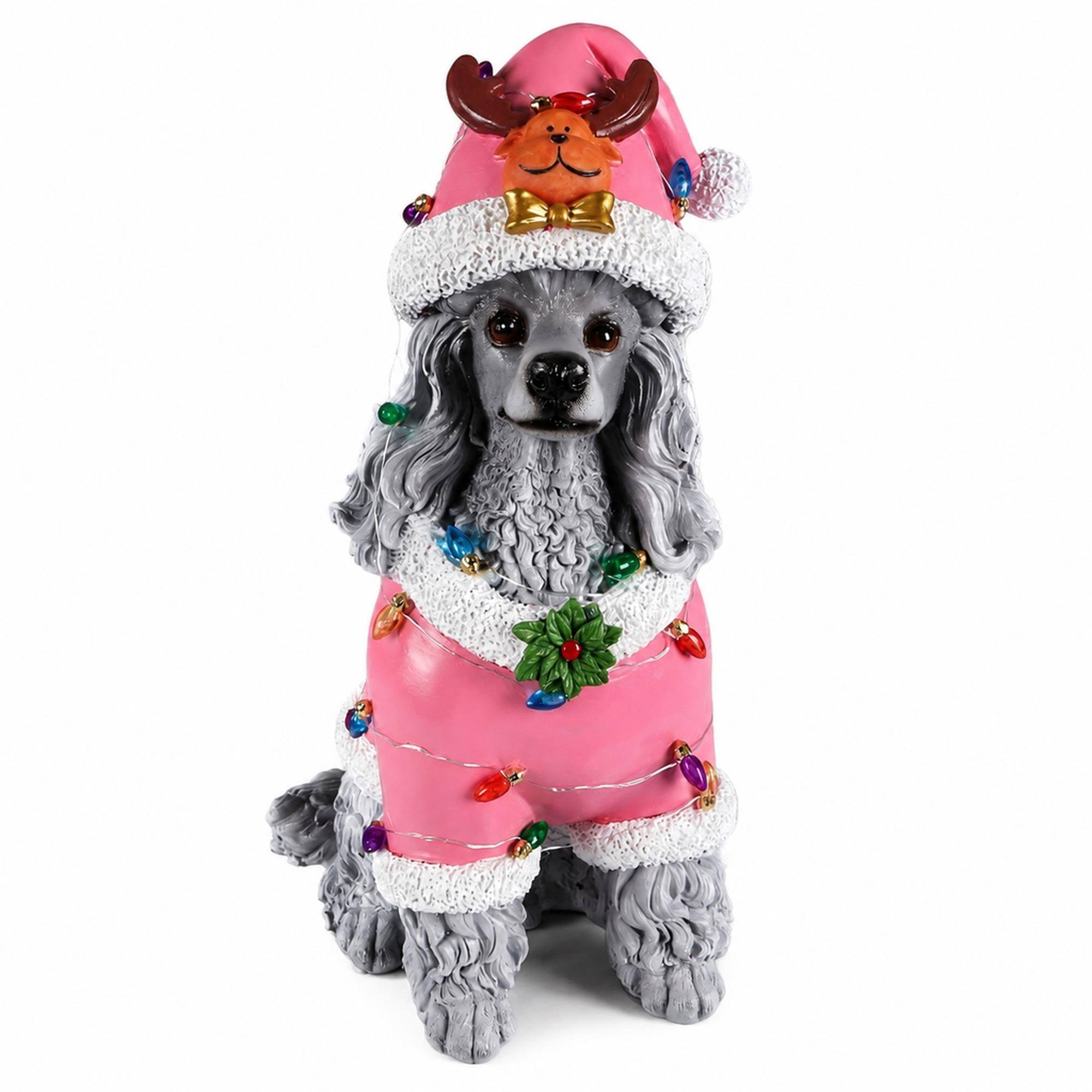 Front. RYHNUYNE - Holiday Poodle Figurine in Pink Santa Outfit with Holly Accents for Festive Indoor Display - Grey.