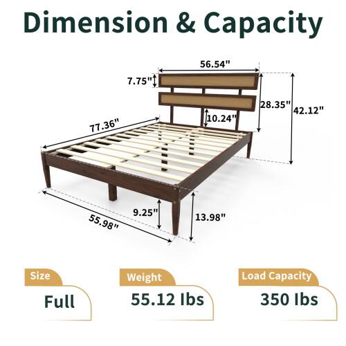 Dimension & Capacity

- 56.54" 
- 7.75" 
- 77.36" 
- 10.24" 
- 28.35" 
- 42.12" 
- 9.25" 
- 55.98" 
- 13.98"

Size: Full

Weight: 55.12 lbs

Load Capacity: 350 lbs