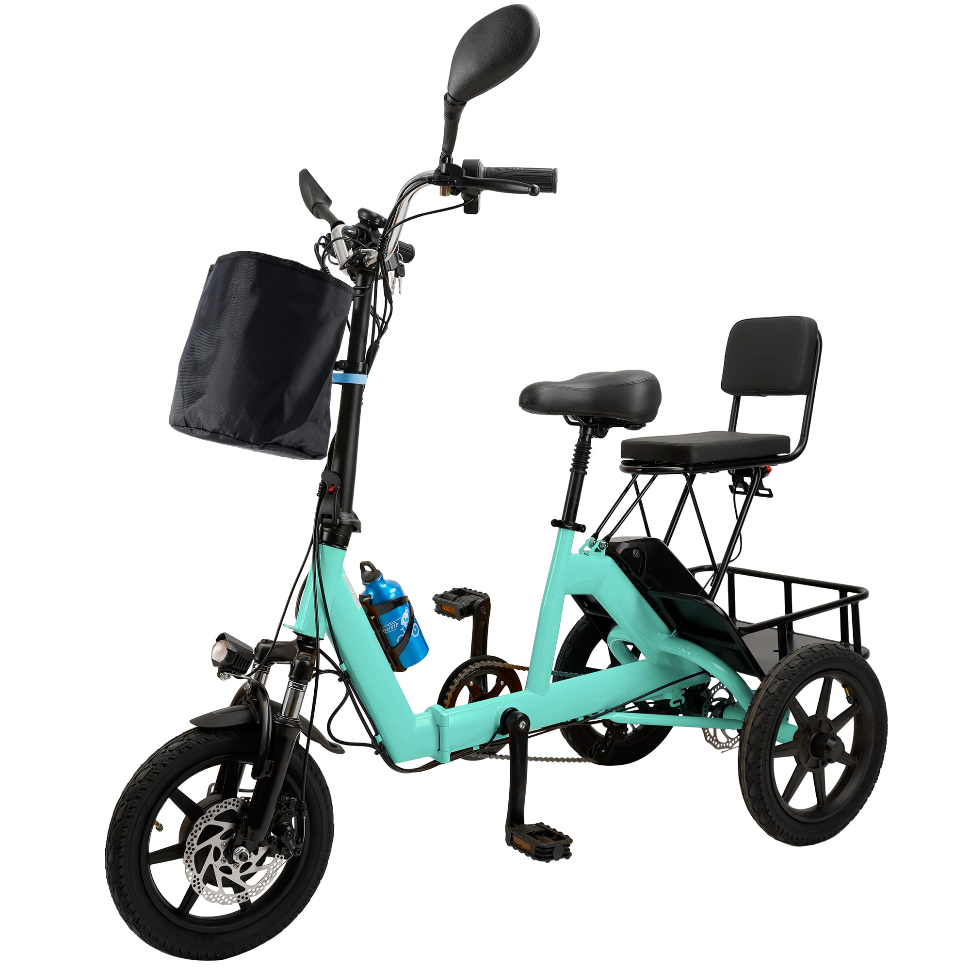 Topteng - ​​350W 48V 10.4Ah Folding Electric Trike for Adults - 3 Modes, 13MPH, 28 Miles to 43 Miles Range, 396lbs - Cyan