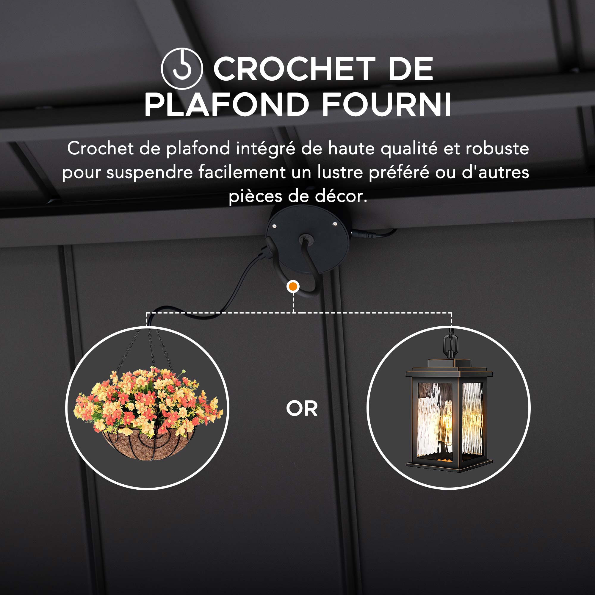 5 CROCHET DE PLAFOND FOURNI  
Crochet de plafond intégré de haute qualité et robuste pour suspendre facilement un lustre préféré ou d'autres pièces de décor.