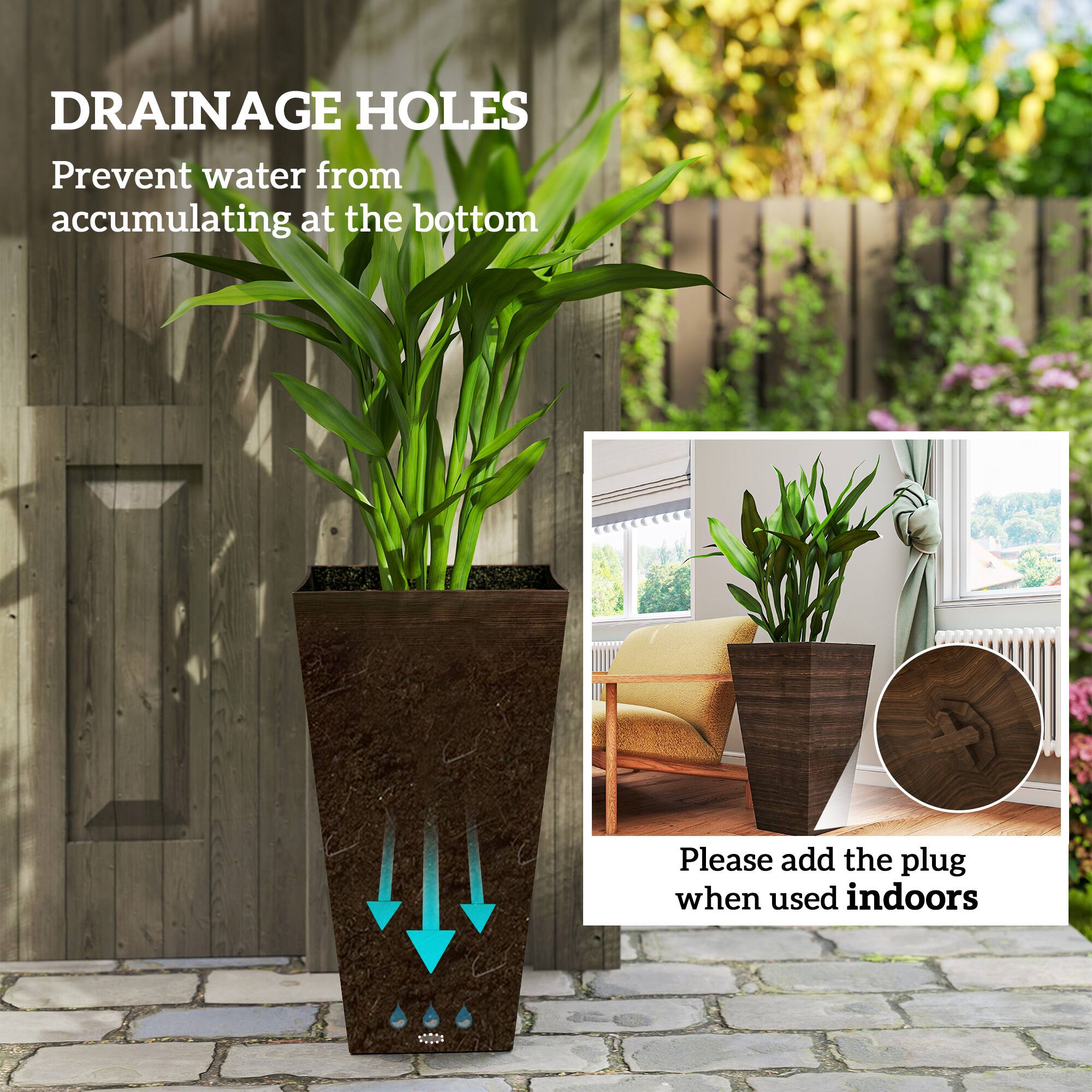 **DRAINAGE HOLES**  
Prevent water from accumulating at the bottom  

Please add the plug when used indoors
