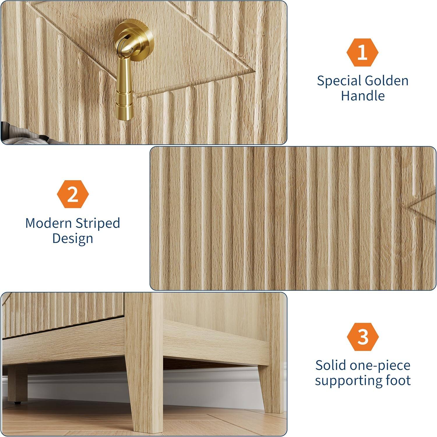 1. Special Golden Handle  
2. Modern Striped Design  
3. Solid one-piece supporting foot