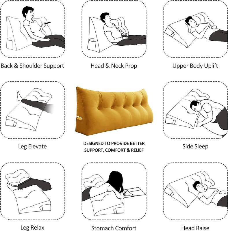 Here is the corrected and grouped text based on the image:

1. **Back & Shoulder Support**
2. **Head & Neck Prop**
3. **Upper Body Uplift**
4. **Leg Elevate**
5. **Side Sleep Leg Relax**
6. **Stomach Comfort**
7. **Head Raise**

The text "DESIGNED TO PROVIDE BETTER SUPPORT, COMFORT & RELIEF" is a general description.