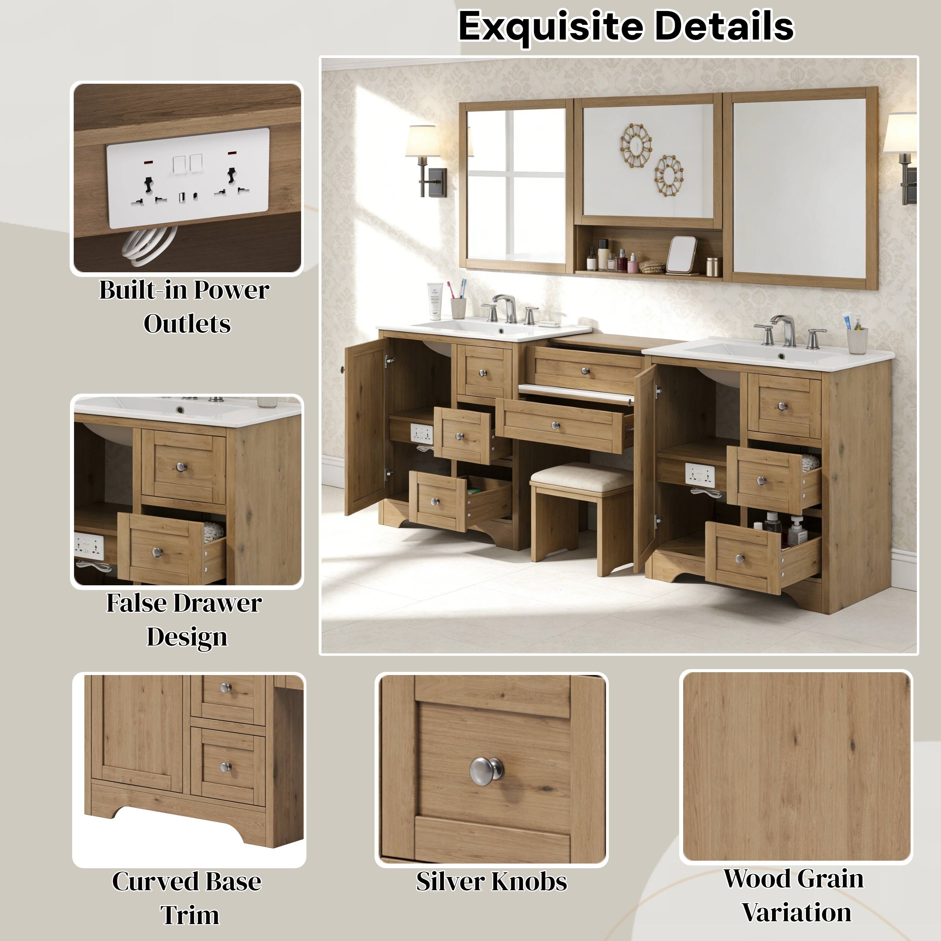 Exquisite Details

- Built-in Power Outlets
- False Drawer Design
- Curved Base Trim
- Silver Knobs
- Wood Grain Variation