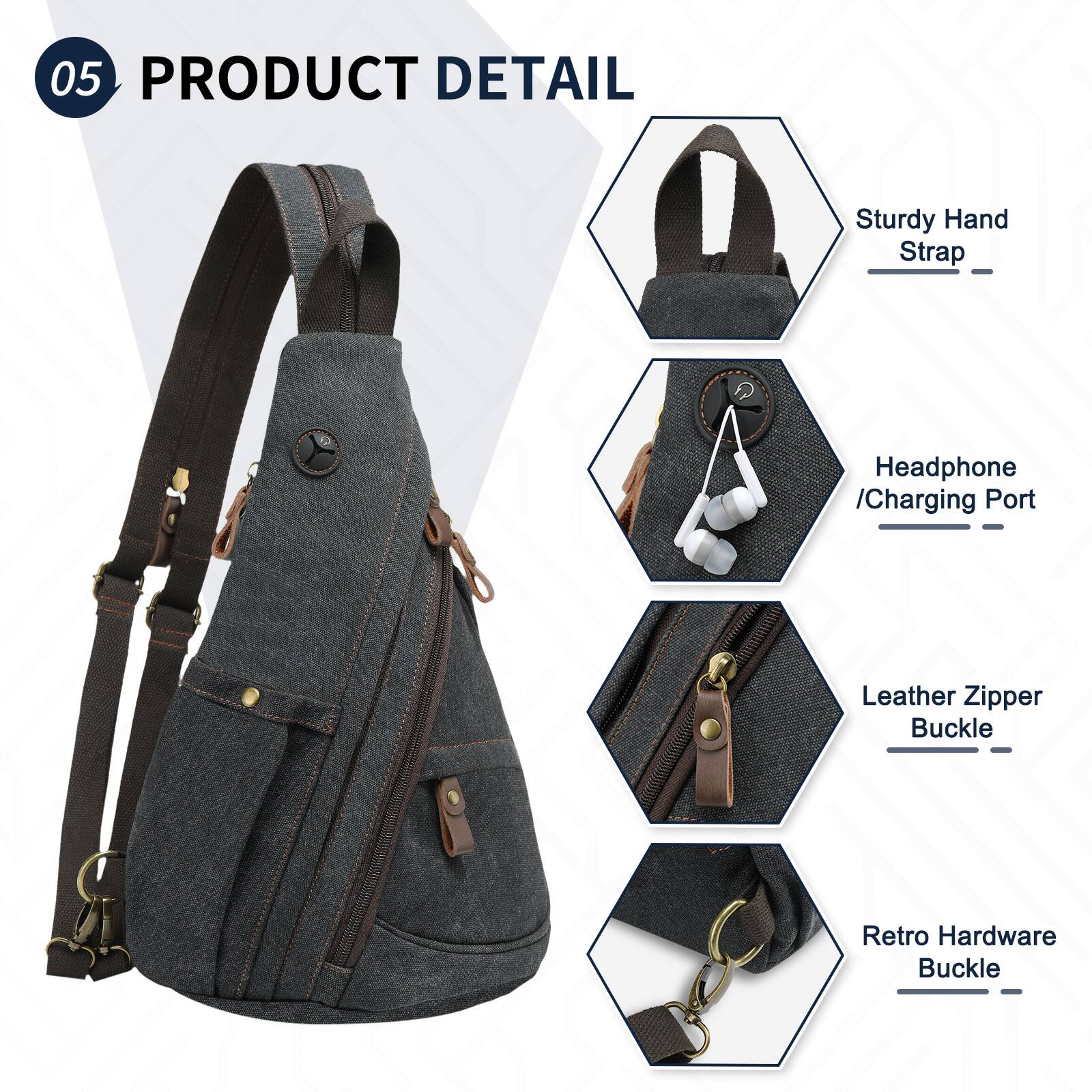 05 PRODUCT DETAIL

- Sturdy Hand Strap
- Headphone / Charging Port
- Leather Zipper Buckle
- Retro Hardware Buckle