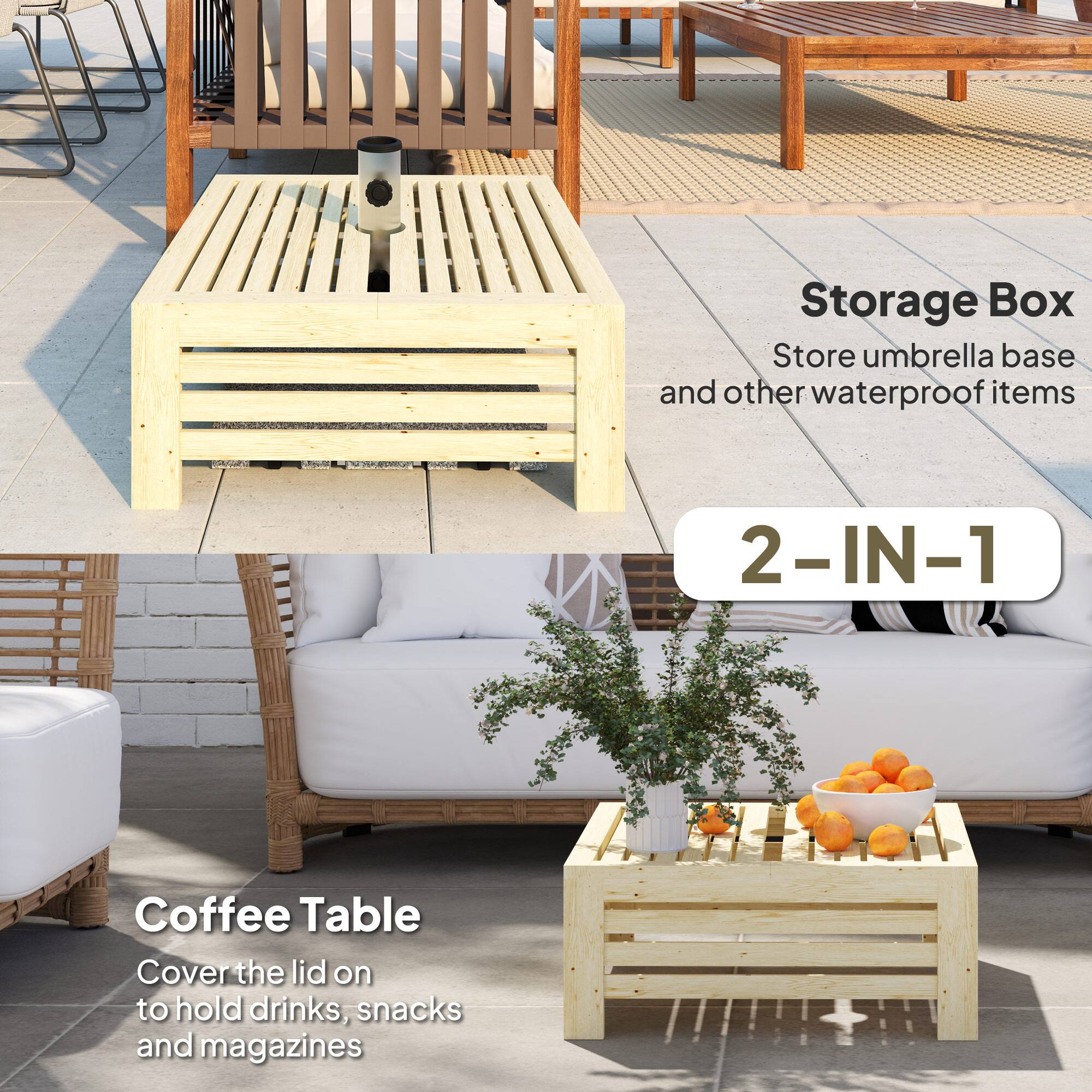 Storage Box  
Store umbrella base and other waterproof items  

2-IN-1  

Coffee Table  
Cover the lid on to hold drinks, snacks and magazines