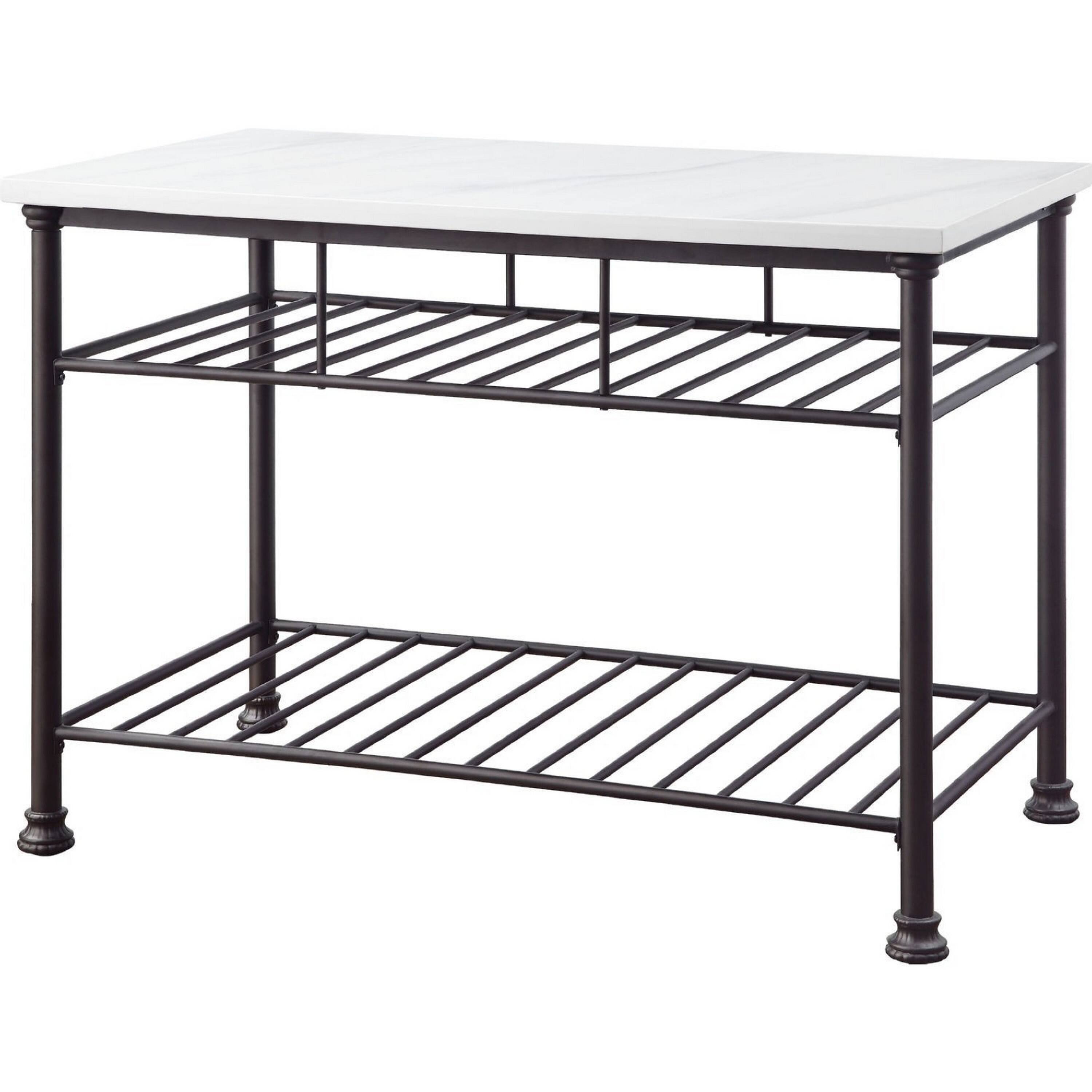 Front. Manhattan Lane - Kitchen Island with Artificial Marble Top and 2 Slatted Shelf - White.