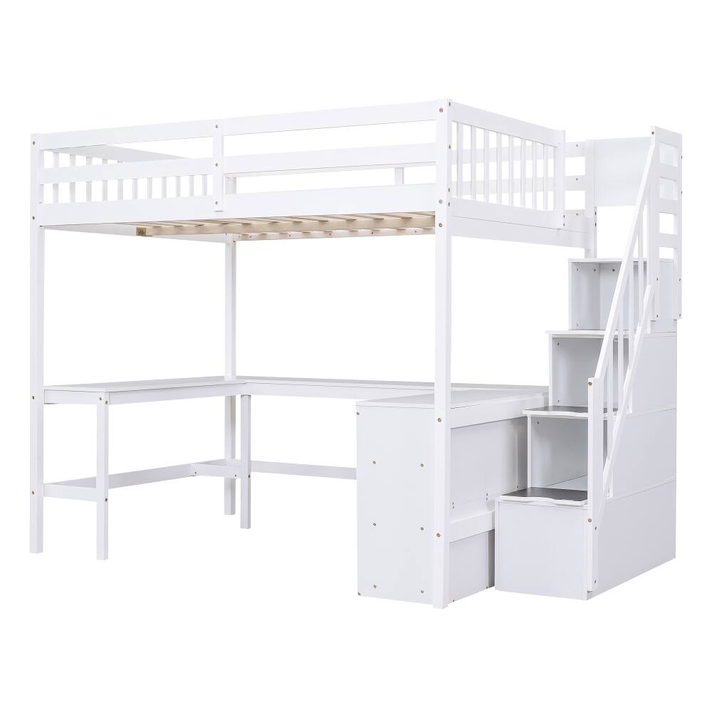 Alt View 6. Loheer - Loheer Full Size Loft Bed with L-Shaped Desk and Storage Stairs, White - White.