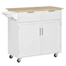 Homcom - 41" Modern Rolling Kitchen Island on Wheels, Utility Cart Storage Trolley with Rubberwood Top & Drawers - White