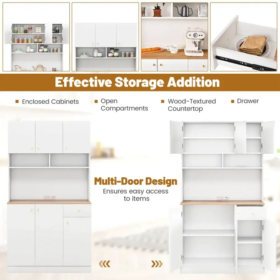 Effective Storage Addition: Enclosed Cabinets, Open Wood-Textured Drawer Compartments, Countertop, Multi-Door Design Ensures easy access to items.
