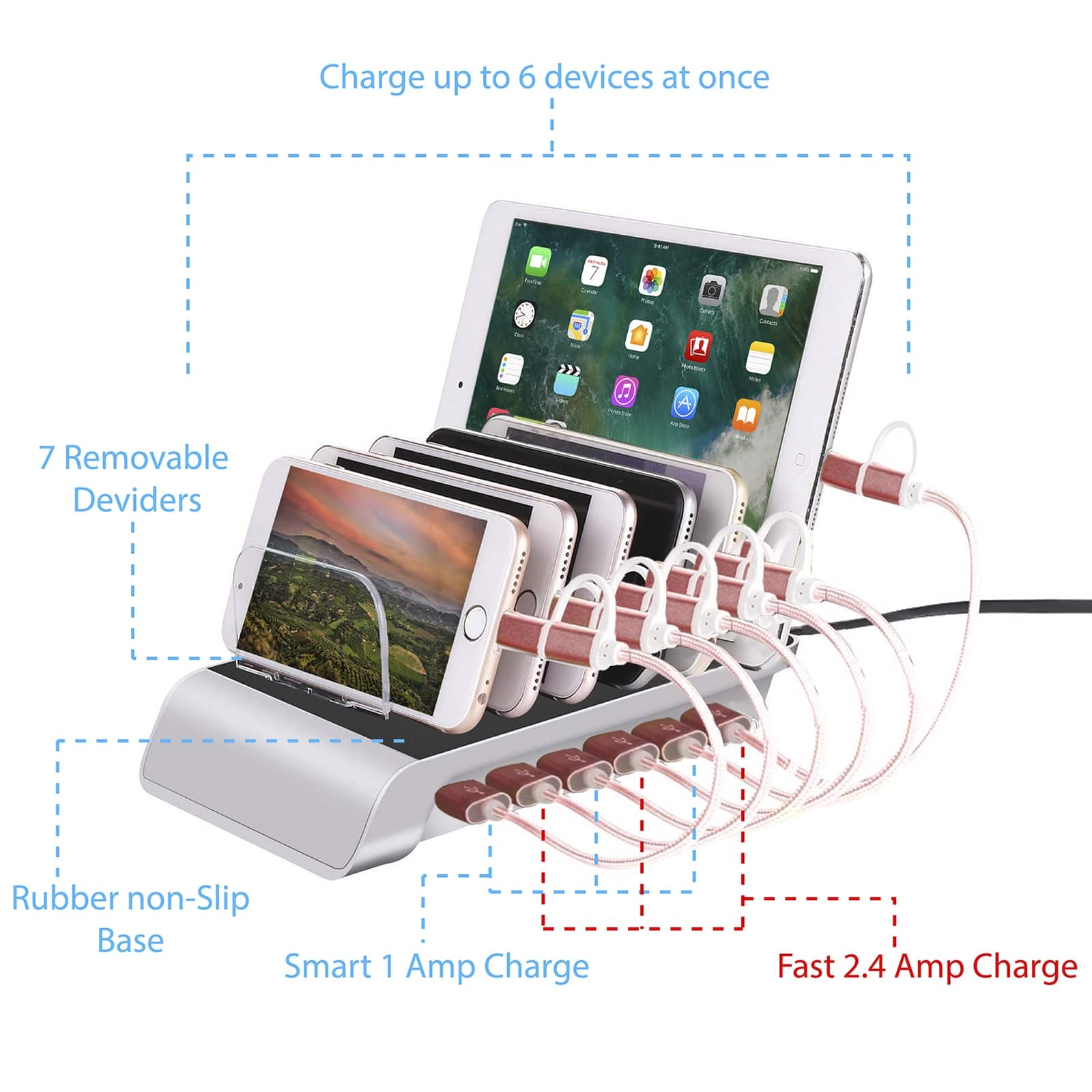 Charge up to 6 devices at once, 7 Removable Dividers, Rubber non-Slip Base, Smart 1 Amp Charge, Fast 2.4 Amp Charge