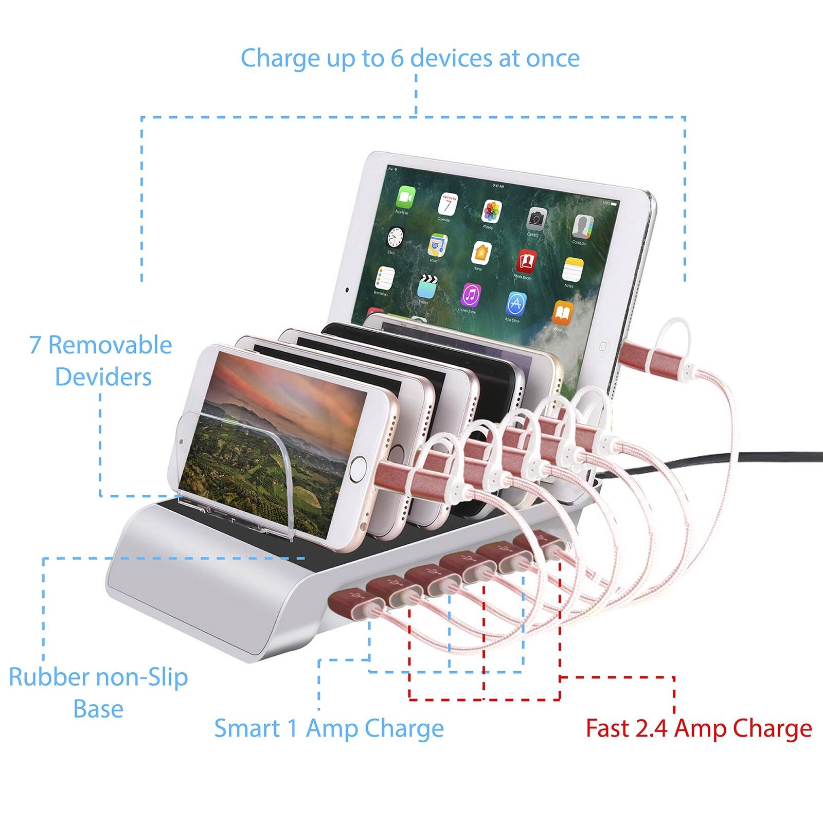 Charge up to 6 devices at once, 7 Removable Dividers, Rubber non-Slip Base, Smart 1 Amp Charge, Fast 2.4 Amp Charge