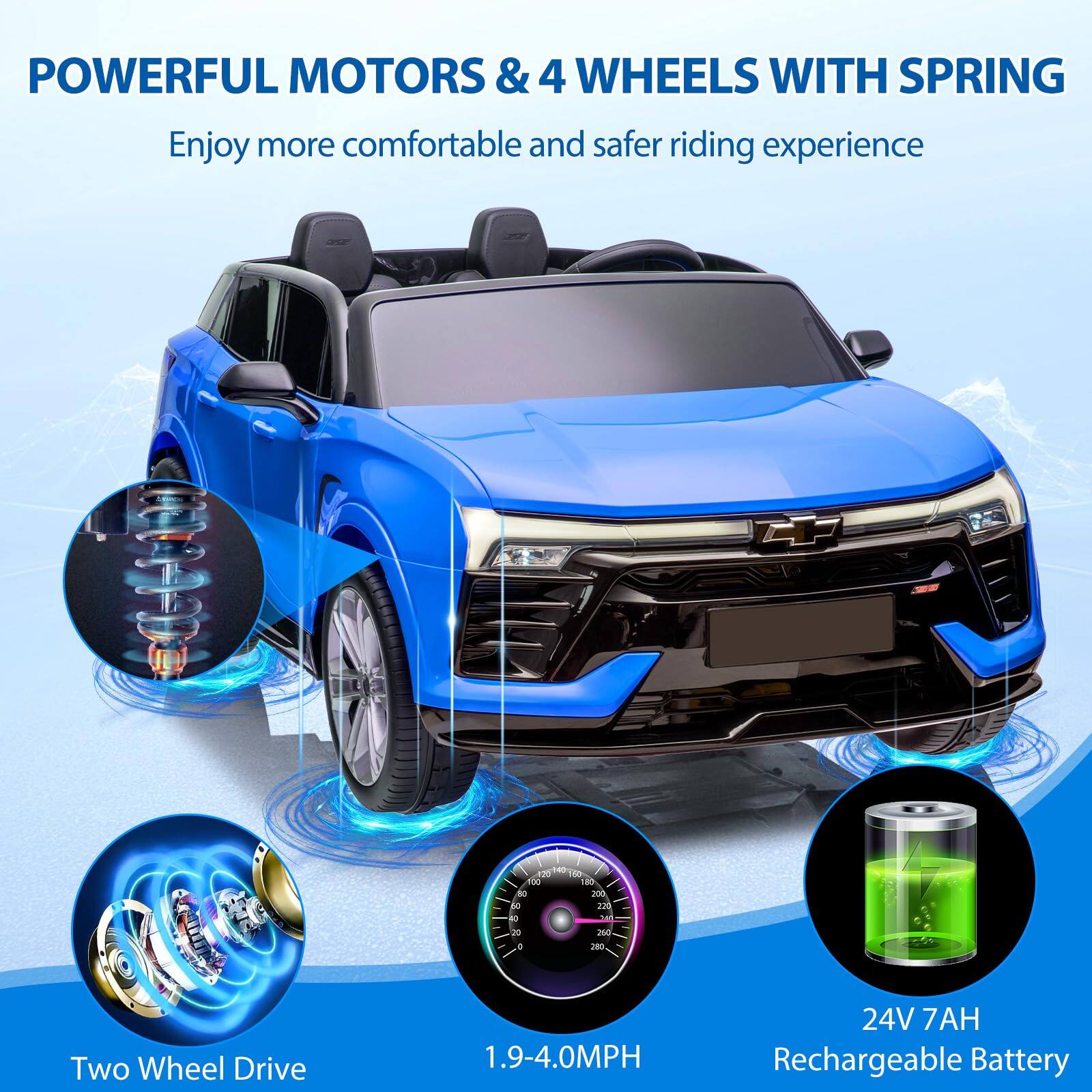 POWERFUL MOTORS & 4 WHEELS WITH SPRING  
Enjoy more comfortable and safer riding experience  

Two Wheel Drive  
1.9-4.0MPH  
24V 7AH Rechargeable Battery