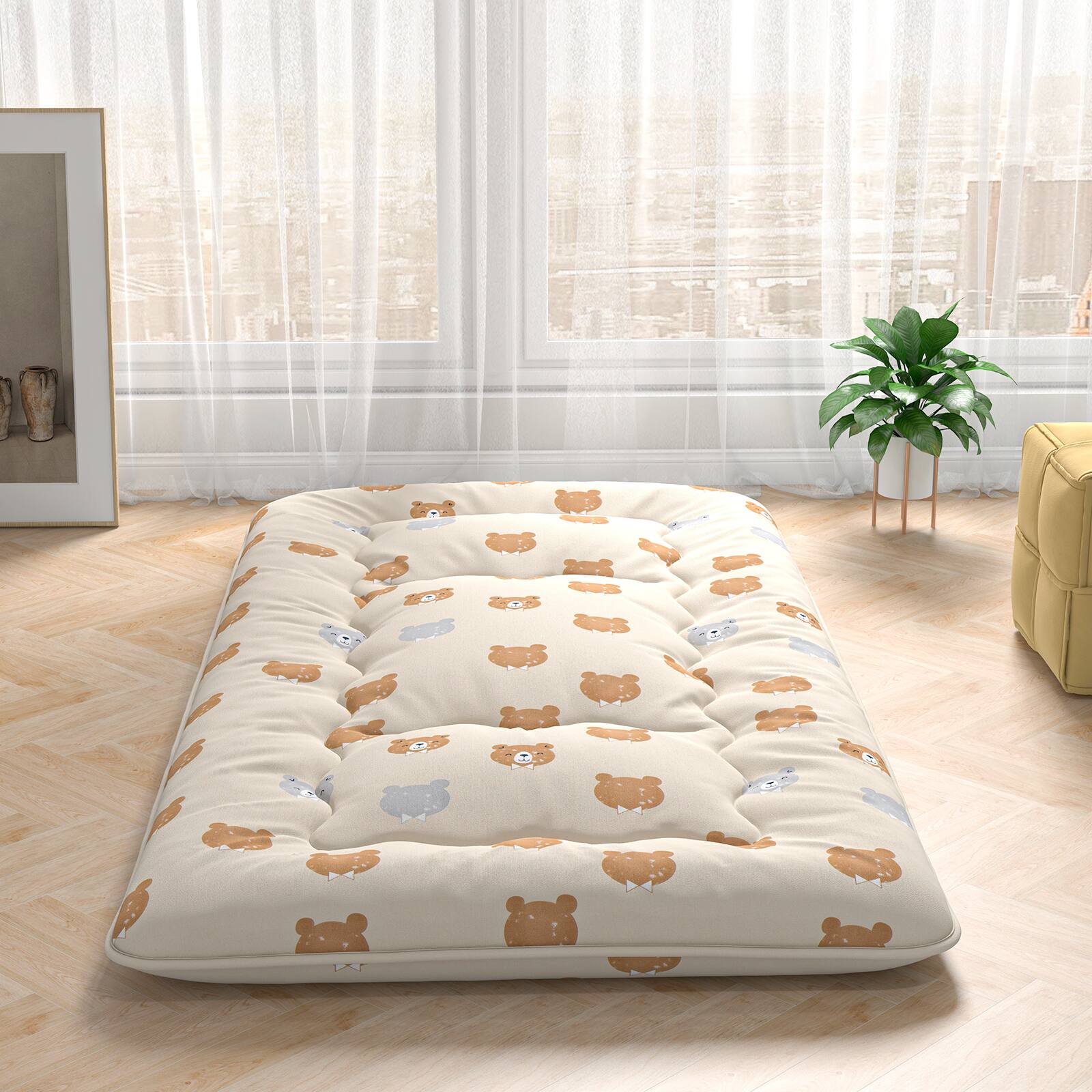 Alt View 1. Costway - Costway Twin Futon Mattress Japanese Floor Pad Washable Cover Carry Bag Brown Bear - Brown.