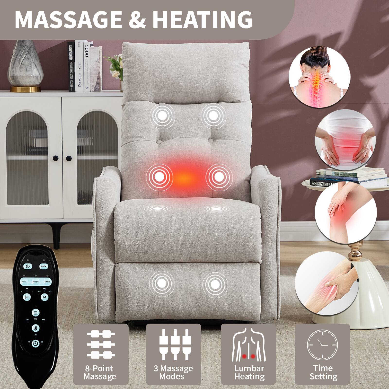MASSAGE & HEATING

- 8-Point Massage
- 3 Massage Modes
- Lumbar Heating
- Time Setting