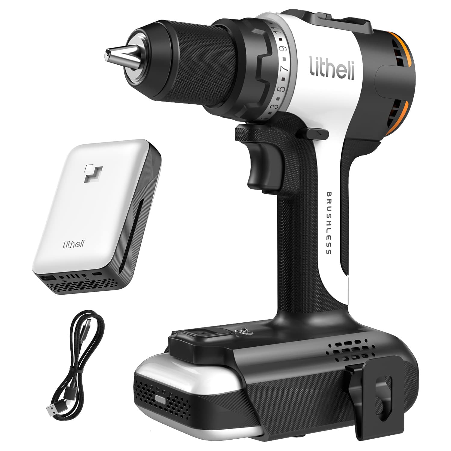 Litheli - 20V Cordless Drill Driver, Brushless Power Drill with 2 Variable Speed, 1/2 Inch Keyless Chuck, Electric Drill - BLACK AND WHITE