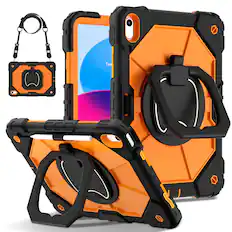 Front. Dteck - Case for Apple iPad 11"(A16 chip 2025) and iPad 10.9" (10th Gen), 3-Layer Rugged Kickstand Handle Grip Cover+Strap - Black Orange.