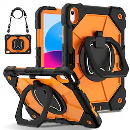 Dteck - Case for Apple iPad 11"(A16 chip 2025) and iPad 10.9" (10th Gen), 3-Layer Rugged Kickstand Handle Grip Cover+Strap - Black Orange