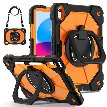 Front. UUCOVER - Rugged Protective Case for iPad (A16) 11-inch 2025/iPad 10th Gen 360° Rotating Stand Hand Grip Cover with Shoulder Strap - Black+Orange.