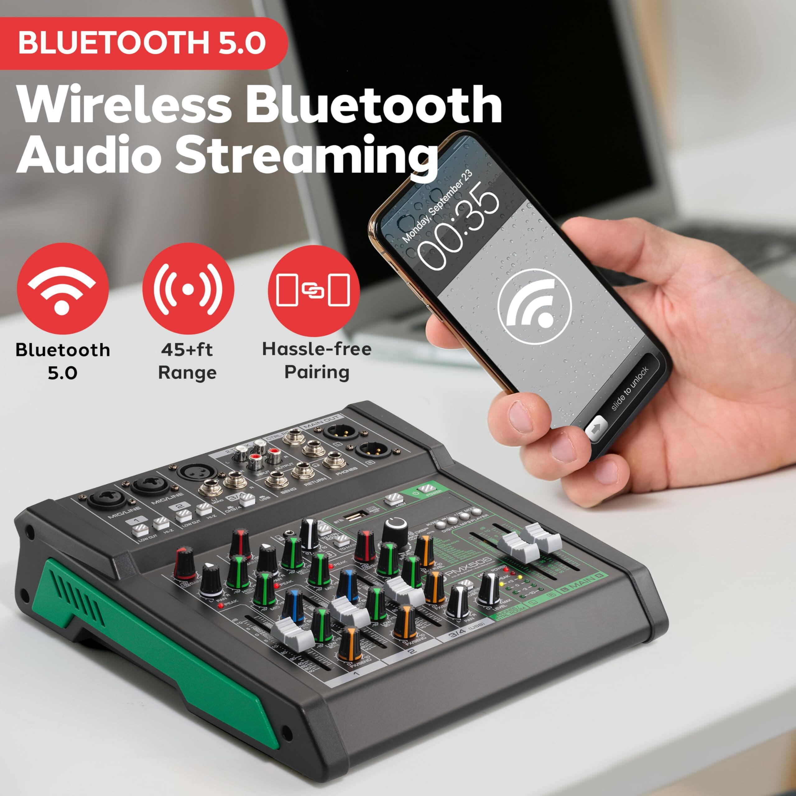 BLUETOOTH 5.0  
Wireless Bluetooth Audio Streaming  

Bluetooth 5.0  
45+ft Range  
Hassle-free Pairing  

September 23, Monday, 00:35