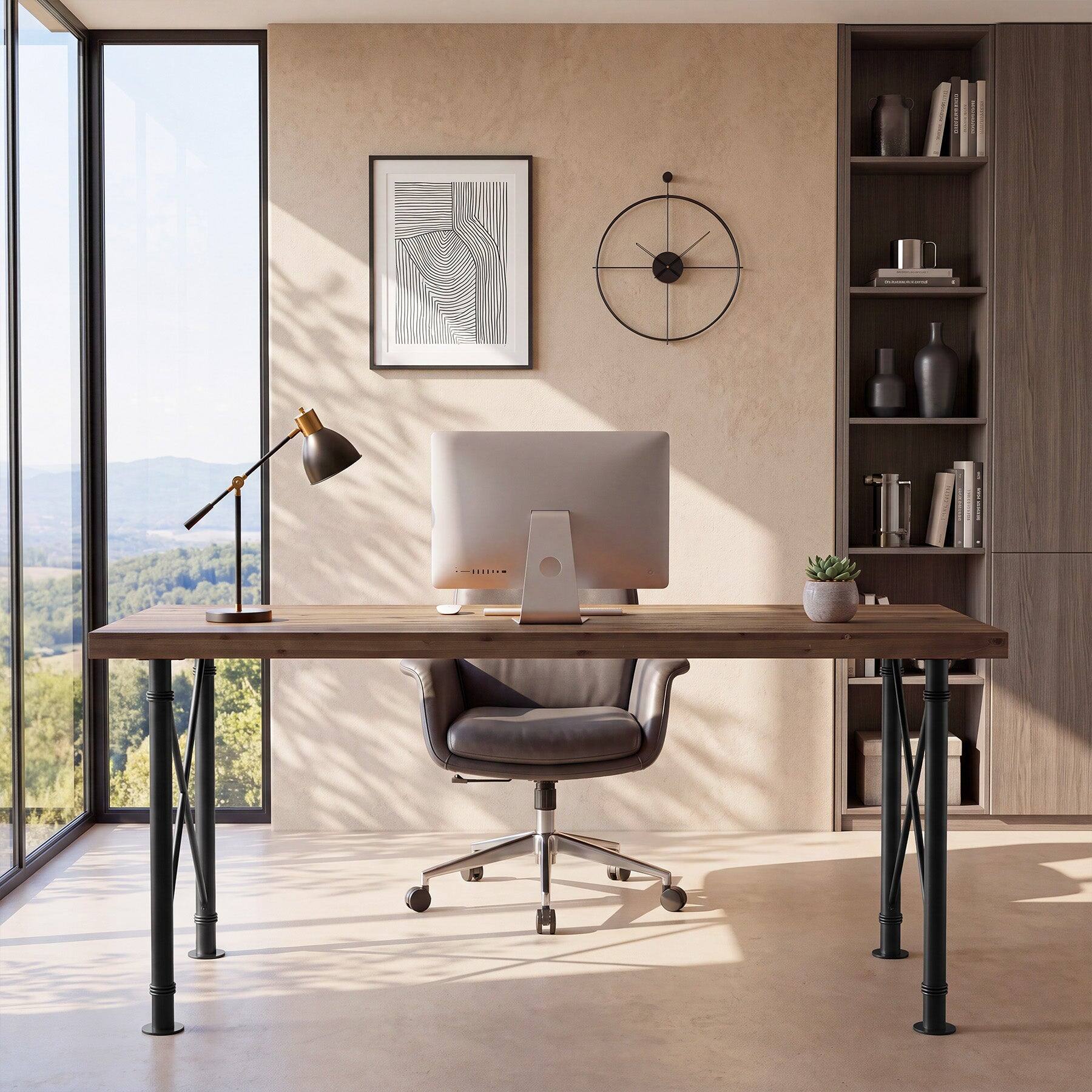 Front. Tribesigns - Office Executive Desk with Solid Wood Construction, Metal Frame, for Computer Work and Writing in Home Offices - Brown.