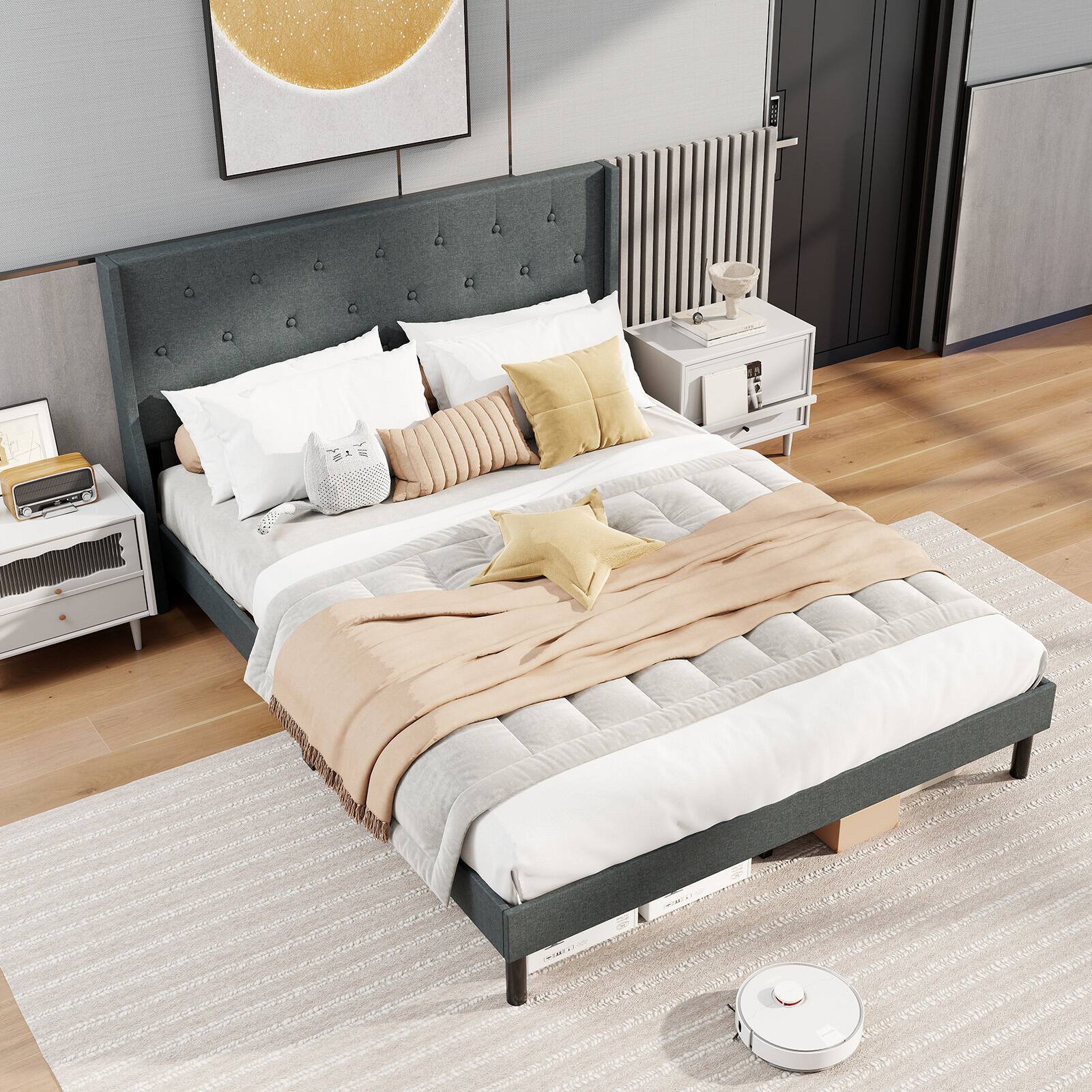Alt View 6. LUCKY ONE - Queen Assembled Upholstered Bed Frame with Button Tufted Wingback Headboard Wooden Slats 800 lbs - Dark Gray.