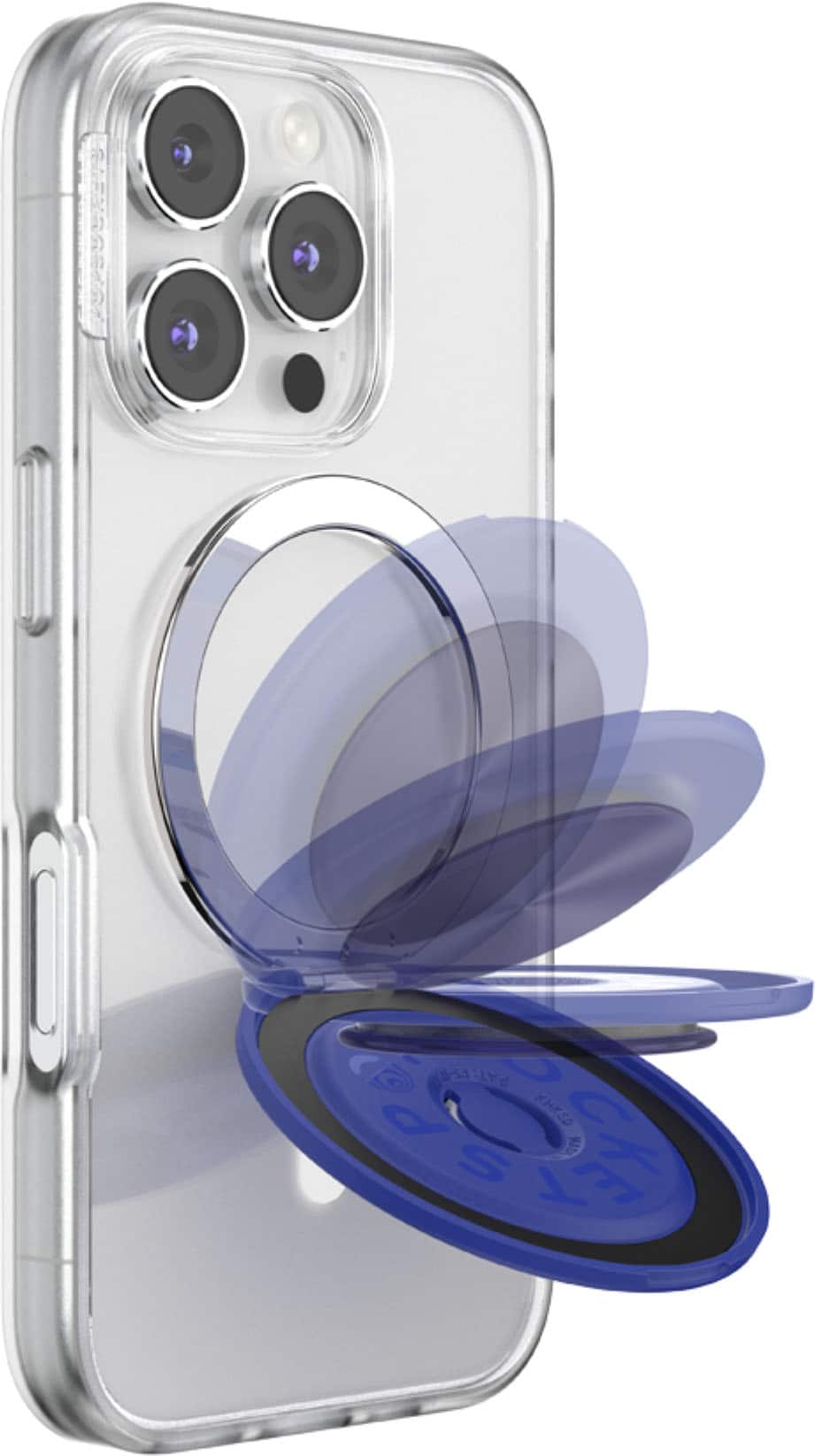 I'm sorry, but the text on the image does not provide any context or information that can be grouped or corrected. The image shows a cell phone with a clear case and a blue disc on top of it.