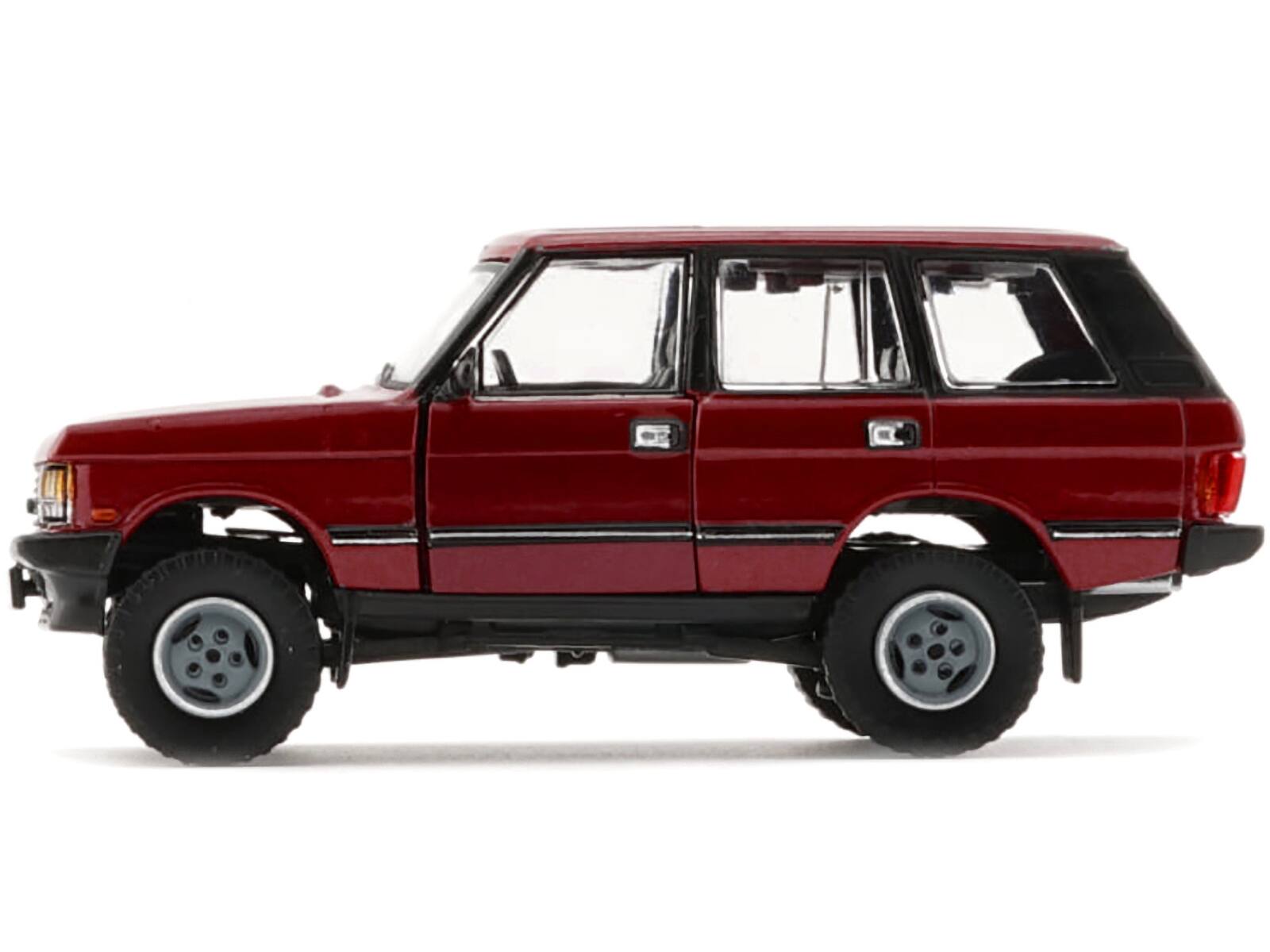 Left. BM Creations - Land Rover Range Rover Classic LSE RHD (Right Hand Drive) Red with Sunroof with Extra Wheels 1/64 Diecast Model Car - Red.