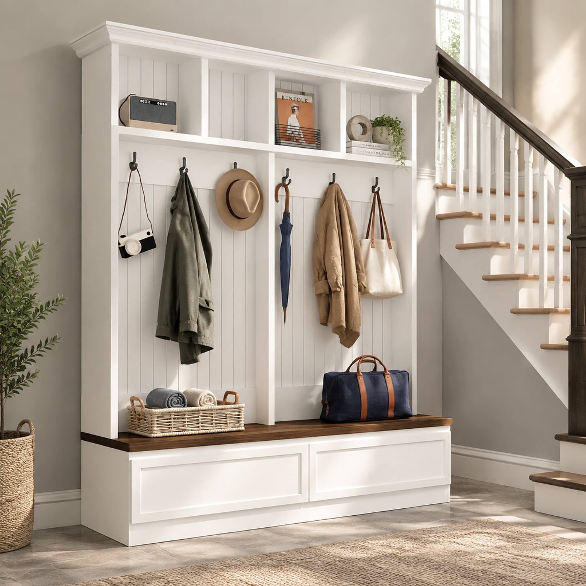 RYHNUYNE Farmhouse 4 in 1 Hall Tree, 55.9 in Wood Grain Bench, 2 ...