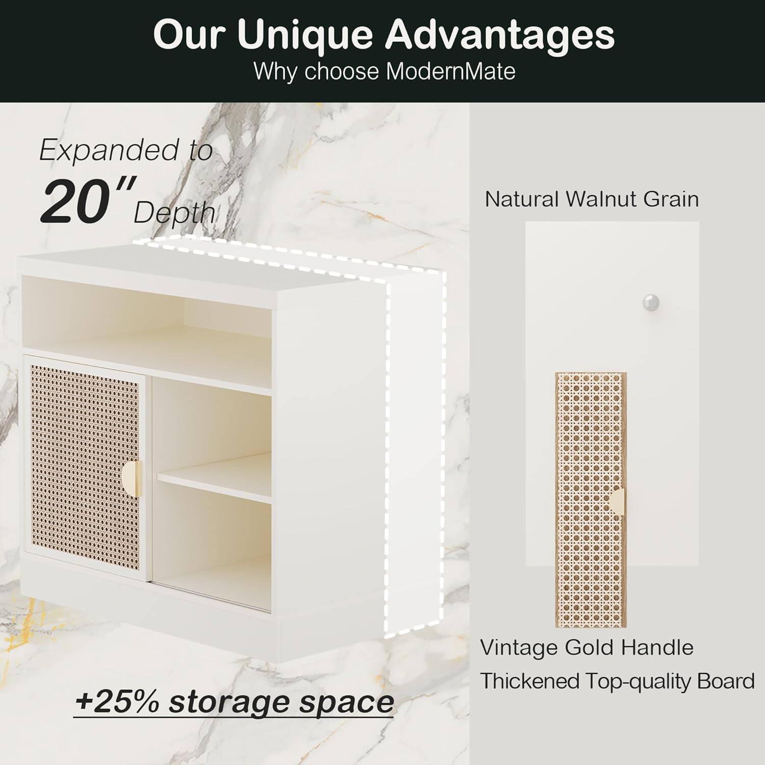 Our Unique Advantages  
Why choose ModernMate  

Expanded to 20" Depth  
+25% storage space  

Natural Walnut Grain  
Vintage Gold Handle  
Thickened Top-quality Board