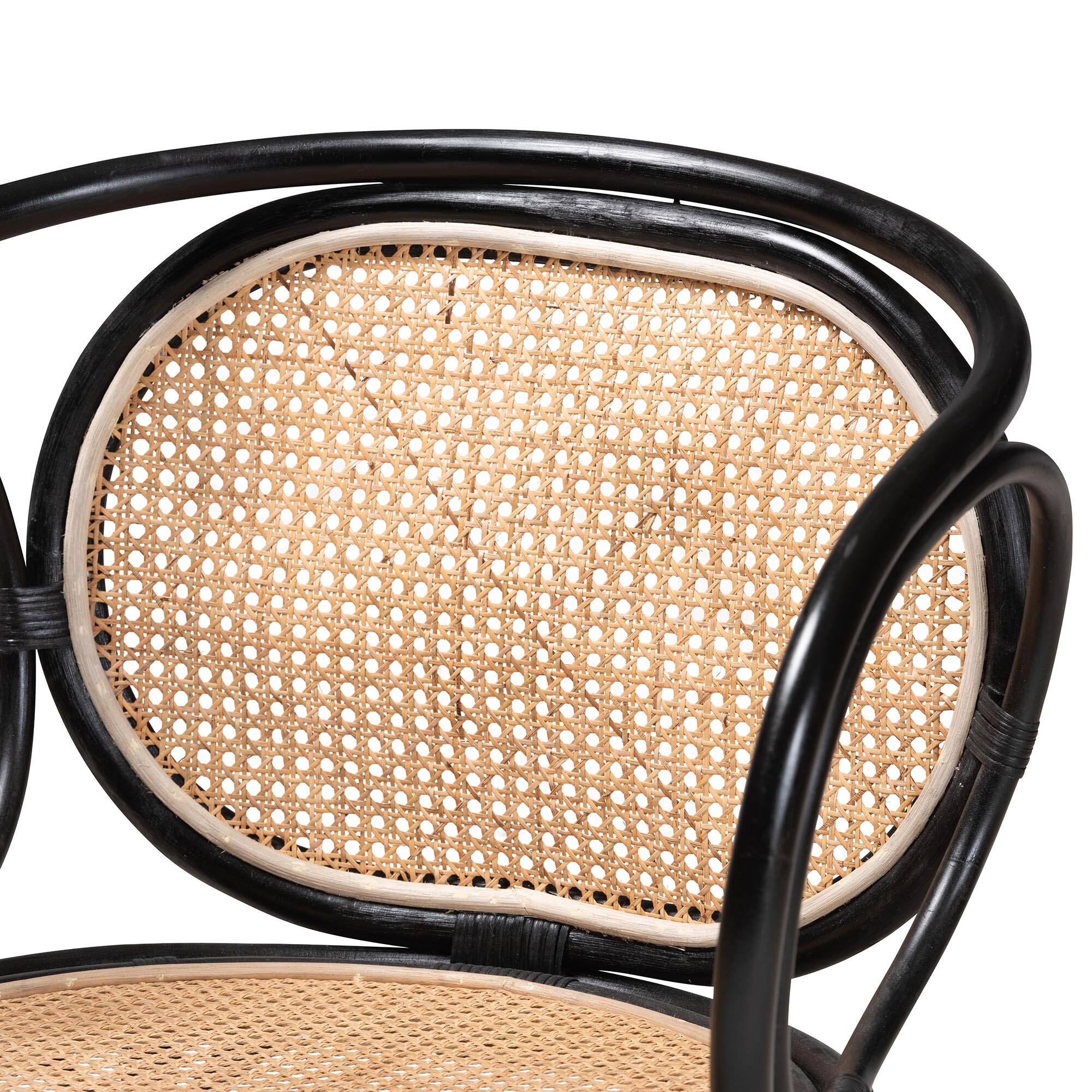 Alt View 1. bali & pari - Palesa Modern Bohemian Two-Tone and  Rattan Dining Chair - Black/Natural Brown.