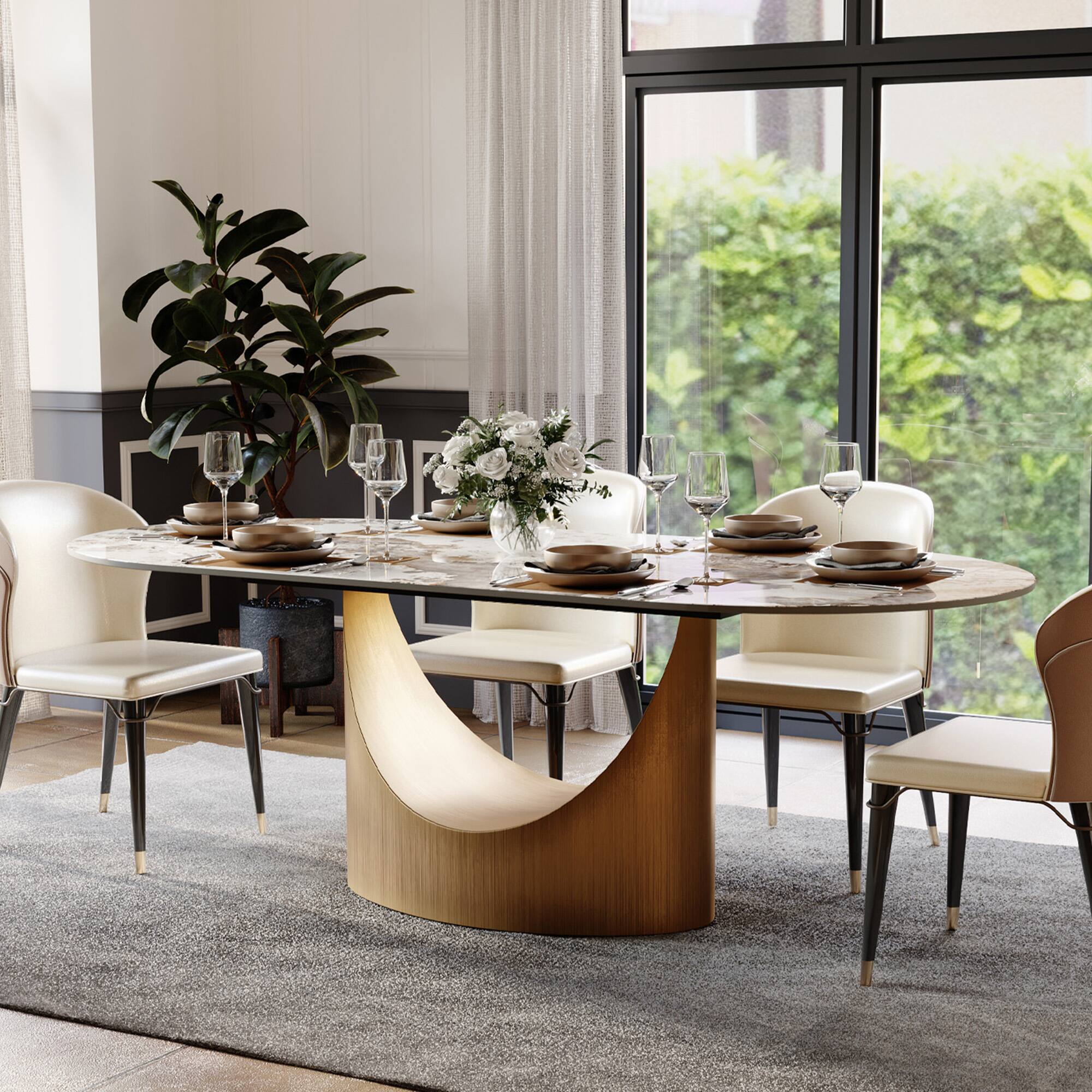 Left. POVISON - 71"Hobart Modern Oval Dining Table for 6, Pandora Oval Glossy Sintered Stone Kitchen Table, Bronze Carbon Steel Base - Pandora.
