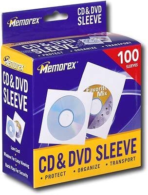 Angle Standard. Memorex - 100-Pack White CD/DVD Sleeves - White.