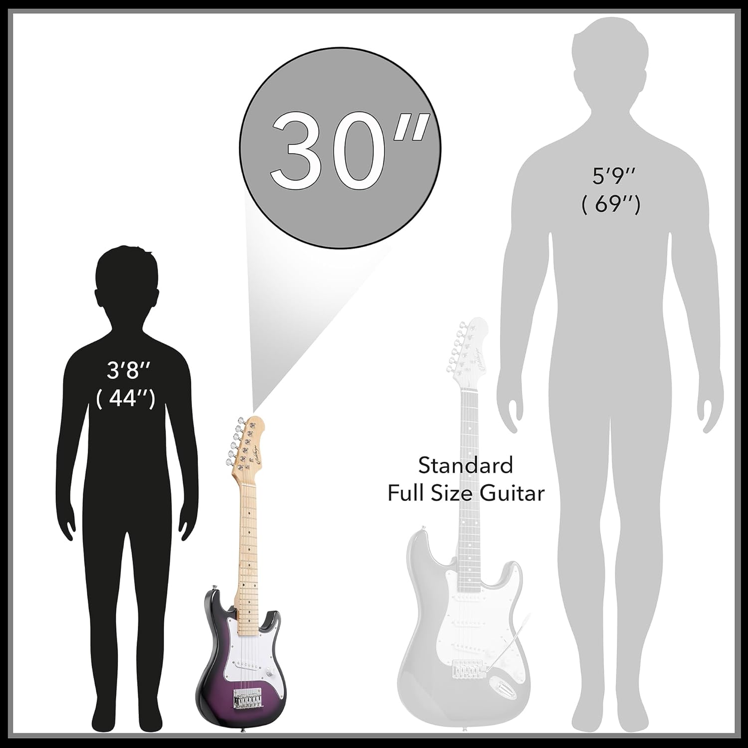 30"  
5'9" (69")  
3'8" (44")  
Standard Full Size Guitar