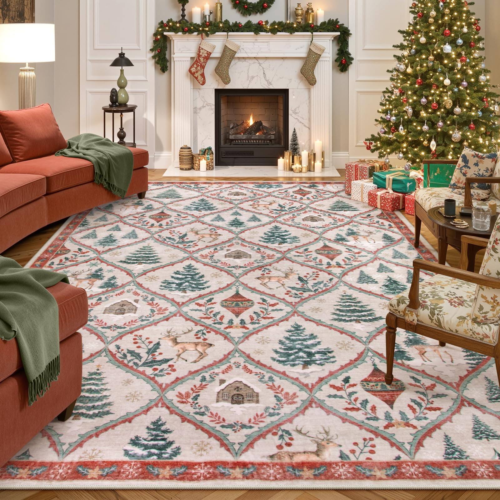 Christmas Beige/Red 8' x 10' (Rectangular)