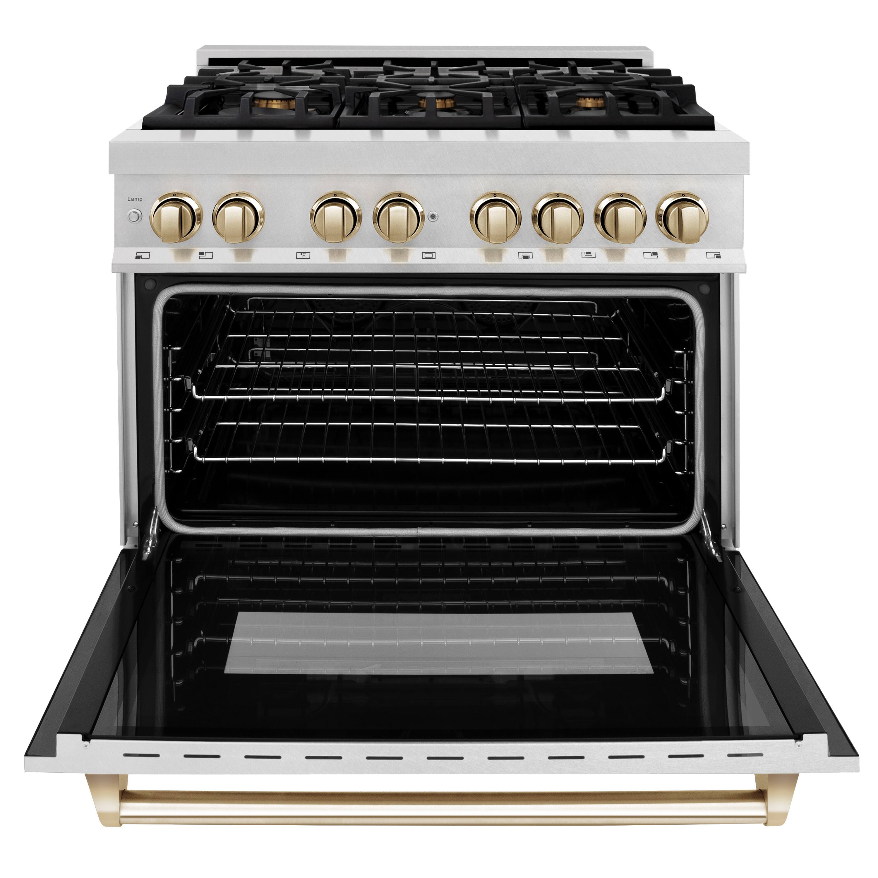 Left. ZLINE - ZLINE Autograph 36 in. Legacy Dual Fuel Range in Satin Steel & Gold Accents (RASZ-SN-36-G) - Stainless steel.