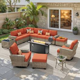 Ovios - 13 PCS Patio Furniture Set with 54" Fire Pit Table Sectional Couch with Swivel Chair & Ottoman - Orange Red