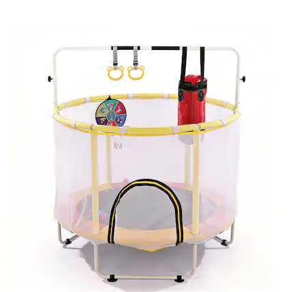 Front. Ecooso - 54" Toddler Trampoline w/ Safety Net, Adjustable Gym Bar, Basketball Hoop, Boxing Bag, Indoor/Outdoor - orange-yellow.