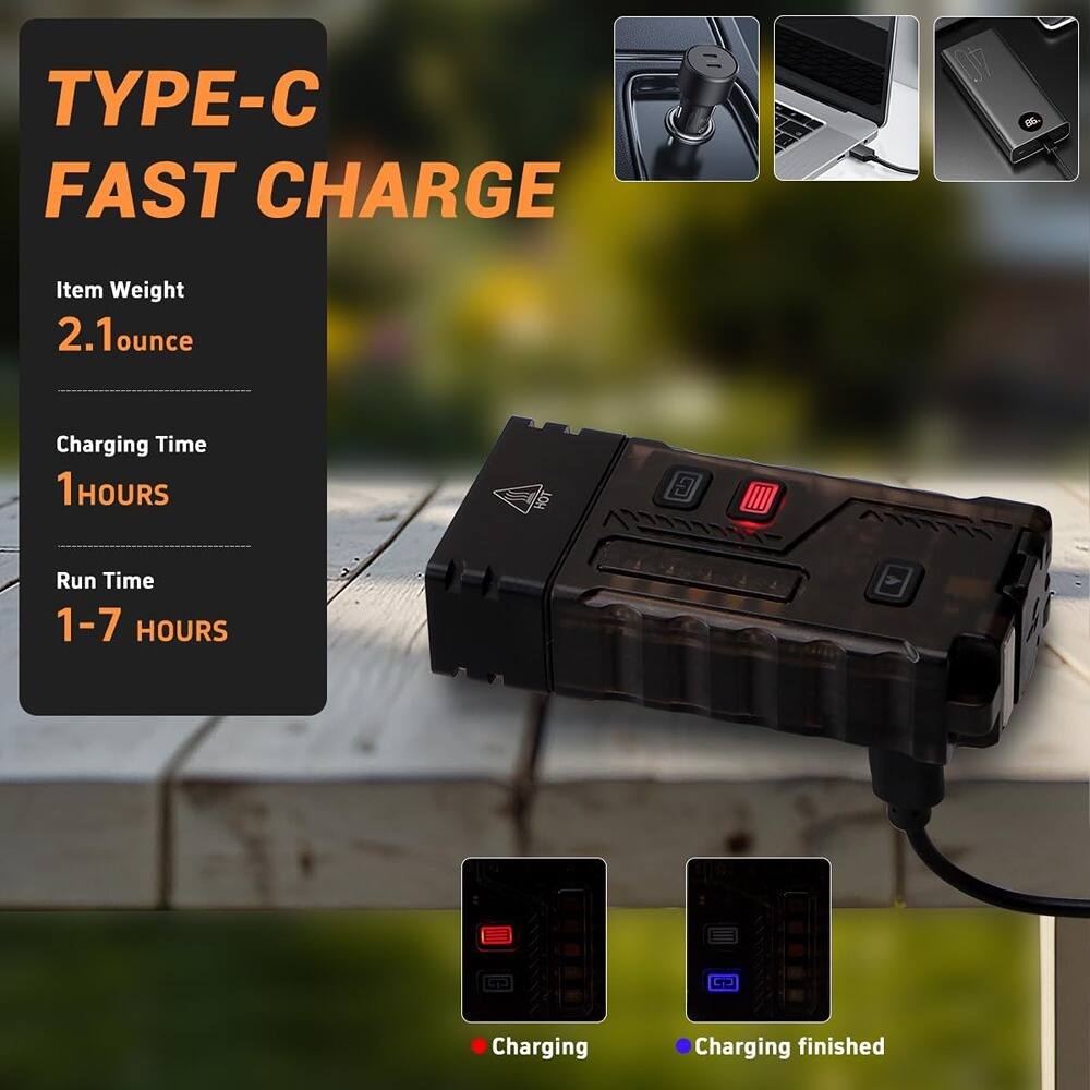 TYPE-C FAST CHARGE

Item Weight  
2.1 ounce

Charging Time  
1 HOUR

Run Time  
1-7 HOURS

Charging  
Charging finished